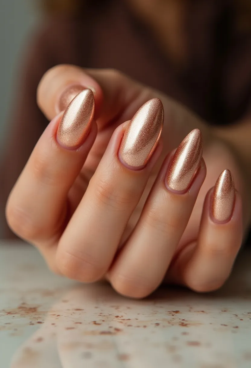 This nail design features an elegant and sophisticated metallic rose gold color palette, achieved through a glossy finish that suggests the use of gel polish for its sustained shine and durability. The nails are shaped into a stiletto form, characterized by their long and pointed appearance, adding a dramatic flair to the overall look. The choice of color and finish gives the nails a luxurious feel, making them fitting for special occasions such as weddings or festive events. There are no intricate patterns or additional decorations, allowing the metallic sheen to be the focal point of the design.