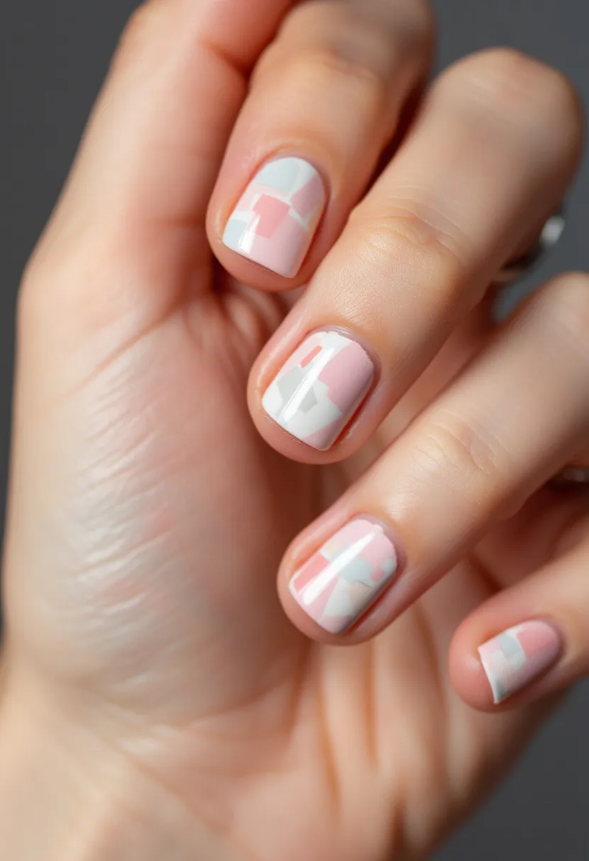 The nails showcase a geometric, abstract design with a soft and muted color palette, including shades of pink, white, and pale peach. The nails are short and have a squoval (square-oval) shape. The design features rectangular and triangular patches in a random yet harmonious arrangement, achieving a modern and minimalist look. While the type of nail treatment is not explicitly mentioned, the glossy finish suggests a high-quality gel or shellac application. This nail design does not appear to be tied to a specific seasonal theme or special occasion, making it suitable for everyday wear or casual chic settings.