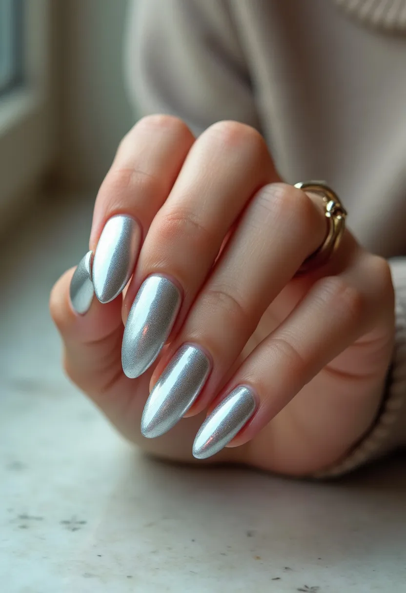 The nail design features a metallic silver color palette, creating a sleek and striking look. The nails are shaped into an elongated almond shape, which adds elegance and length to the overall design. The finish is smooth and glossy, indicating a high-quality gel or shellac treatment, which is known for its durability and shine. The monochromatic silver tone suggests a modern and sophisticated aesthetic, suitable for various occasions, from daily wear to special events. There's an absence of intricate patterns or decorations, making the design versatile and timeless. The metallic sheen could also imply a festive or seasonal theme, easily fitting into holiday celebrations or wintertime fashion trends.