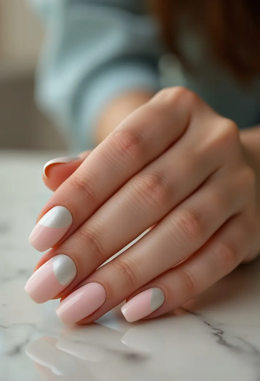 The nail design showcases a sophisticated and elegant combination of soft pastel pink along with a pearlescent silver. The nails are shaped in a medium-length almond form, providing a classic and clean appearance. The intricate pattern features a half-moon design at the base of each nail, highlighting the transition between the pink and silver shades. The finish appears to be glossy, suggesting a gel polish technique for its long-lasting and shiny effect. This chic and subtle design is suitable for various occasions, from everyday wear to special events, and carries a touch of femininity and grace perfect for spring or early summer themes.