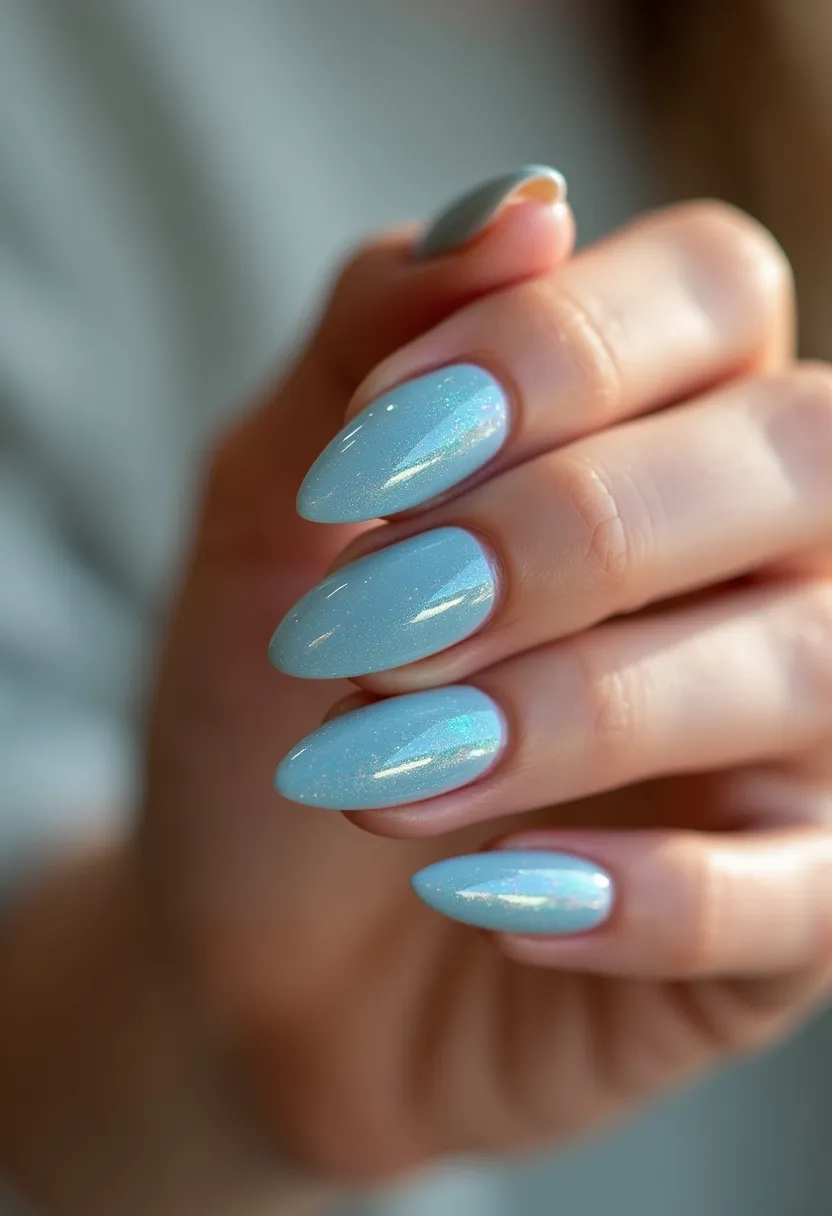 The nail design features a predominantly light blue color with a subtle shimmer, reflecting a delicate and glossy finish. The nails are shaped in an almond style, characterized by their tapered and rounded tips. The light blue polish is overlaid with fine iridescent glitter, providing a sparkly effect that is both elegant and eye-catching. This manicure appears to be achieved with gel polish, given the high-gloss finish and durability suggested by the appearance. The combination of light blue and shimmer suggests a fresh, possibly spring or winter seasonal theme, making it suitable for both everyday wear and special occasions. Unique details such as the holographic glitter add a subtle yet sophisticated touch to the overall design.