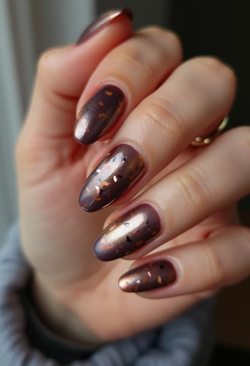 This elegant nail design features a color palette that includes deep bronzes and browns with a metallic sheen, creating a luxurious and rich look. The nails are long and almond-shaped, enhancing their sophisticated aesthetic. Intricate patterns of small, irregularly shaped gold and copper flakes are embedded on each nail, adding texture and an element of sparkle. The finish is glossy, suggesting the use of gel polish, which provides durability and a high-shine effect. This design is particularly evocative of autumn, with its warm, earthy tones and shimmering highlights, making it suitable for seasonal themes or special occasions during the fall.