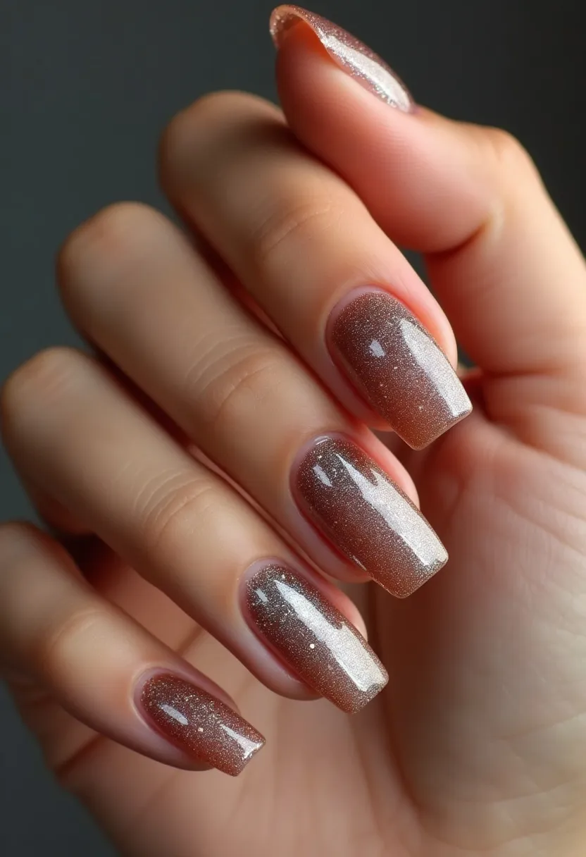 The nail design features a medium-length, square shape with a sophisticated color palette consisting of a gradient transitioning from a rich, dark brown to a lighter, shimmery hue towards the tips. The nails are adorned with a subtle glitter overlay, providing a sparkling effect that catches the light. The treatment appears to be gel, given the high-gloss finish and smooth texture. This design lacks any additional intricate patterns or embellishments, focusing instead on the seamless color transition and glitter for visual interest. The overall look is elegant and versatile, suitable for various occasions, but particularly fitting for the autumn season due to its warm, earth-toned color scheme.