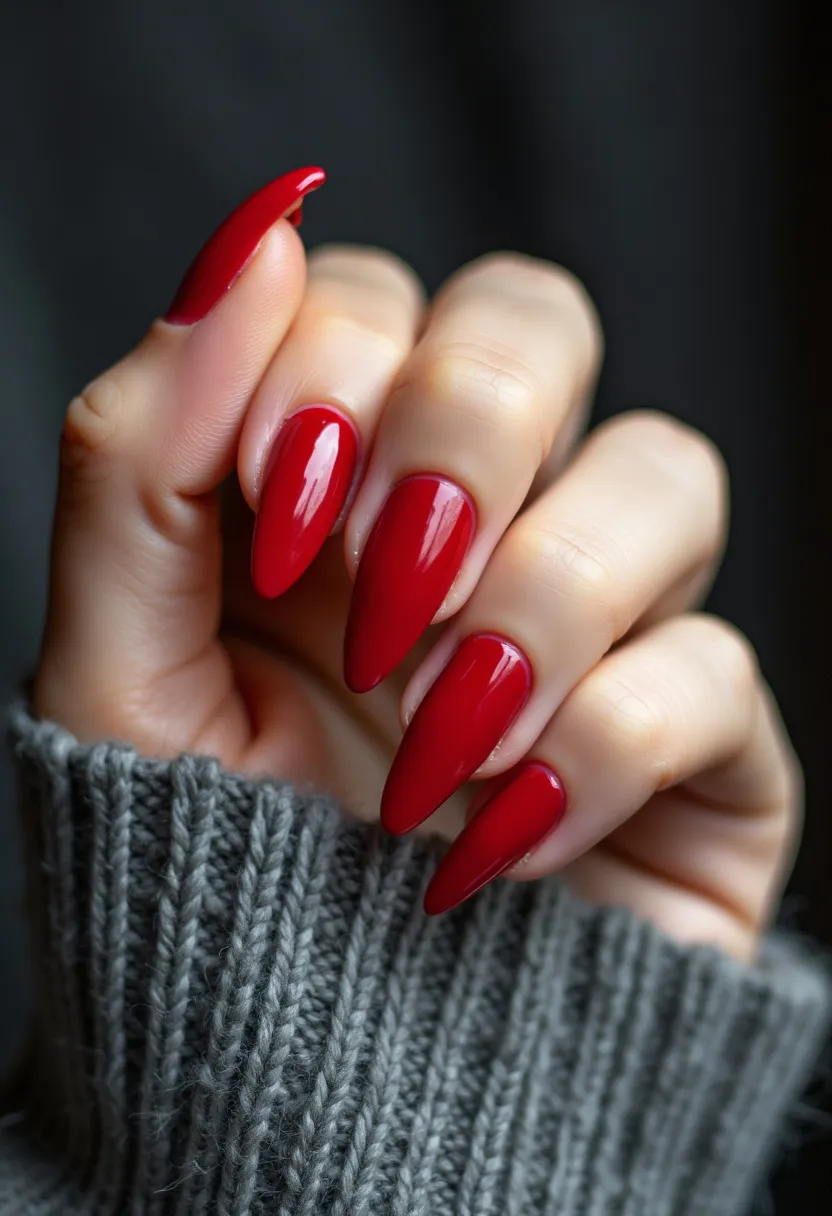 The nail design features a bold, glossy red color palette, creating a striking and sophisticated look. The nails are shaped in a long almond or stiletto style, enhancing the elegance and elongation of the fingers. The smooth and high-shine finish suggests the use of either gel or shellac nail treatment, ensuring durability and a flawless appearance. This design is beautifully simplistic with no additional intricate patterns or decorations, making it versatile for various occasions. The rich red hue is particularly fitting for special events, holidays, or the winter season, evoking a classic and timeless appeal.