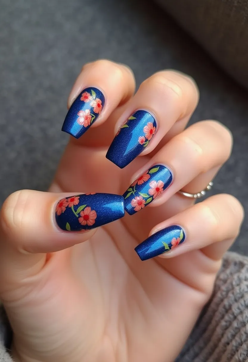 The nail design features a striking blue color palette, which forms the base of the manicure. The nails are medium to long in length and shaped into a coffin style. Intricate floral patterns adorn each nail, with pink blossoms and green leaves meticulously painted over the blue base, creating a vibrant and lively contrast. The nails display a glossy finish, indicative of a gel nail treatment, offering a sleek and polished appearance. This floral motif, along with the bright colors, suggests a seasonal theme ideal for spring or summer occasions, bringing a fresh and cheerful vibe to the overall look.