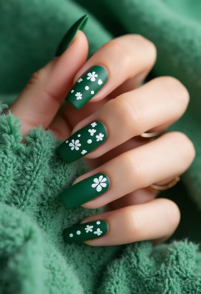 The nail design features a striking green color palette with a matte finish, suggesting the use of a treatment like matte gel polish or matte acrylics. The nails are shaped in a square or squoval (square with rounded edges) form, providing a modern and chic look. Each nail is adorned with white floral patterns and dots, adding a playful and whimsical touch that contrasts beautifully against the green background. The intricate decorations imply a spring or nature theme, making this design ideal for celebrating seasonal changes or special outdoor events. The clean and crisp lines of the floral designs highlight the precision in the nail art, emphasizing an elaborate and well-executed manicure.