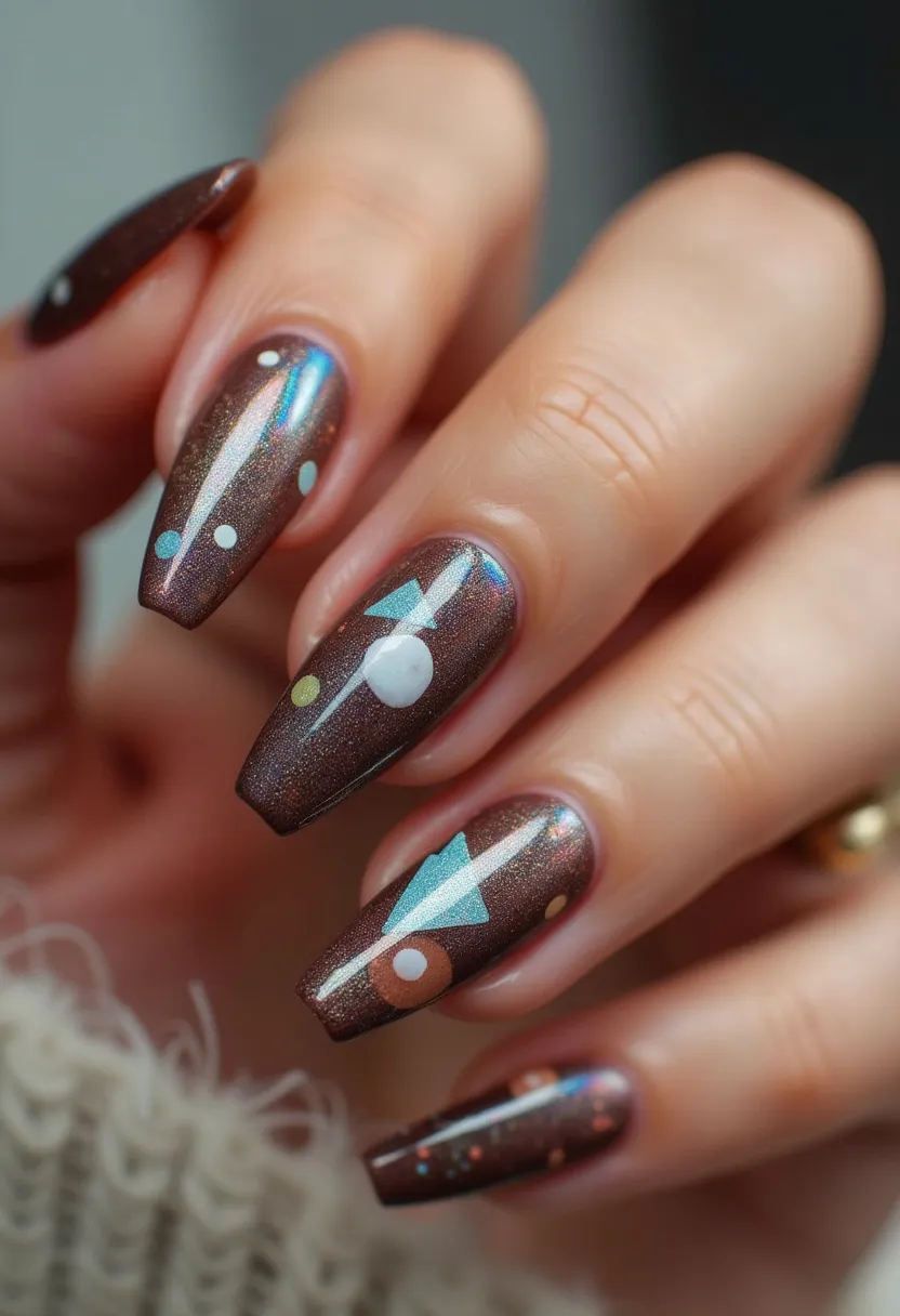 The nail design features a color palette dominated by a shimmering, metallic brown as the base. The nails are long and almond-shaped, providing a stylish and elegant look. The intricate patterns include various geometric shapes and dots in contrasting colors such as white, light blue, and pale yellow, adding an artistic flair to the design. This nail art likely utilizes gel polish, as indicated by the glossy finish and the precise detailing. The overall design does not indicate a particular seasonal theme or special occasion, but the bold and unique elements make it suitable for a fashionable and creative look.