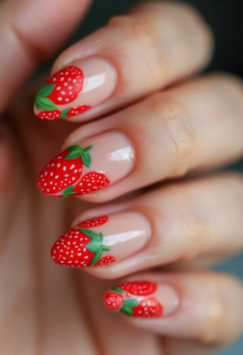 The nail design showcases a playful and vibrant strawberry theme. The nail color palette primarily features a natural base with detailed red strawberries adorned with white dots and green leaves, creating a fresh and lively look. The nails are almond-shaped, lending to a feminine and elegant aesthetic. The intricate strawberry patterns are carefully painted, suggesting a gel or acrylic treatment for durability and high gloss finish. This design is ideal for summer, evoking a fun and fruity vibe perfect for the season. Unique details, such as the precise dotting on the strawberries, highlight the creativity and skill involved in this delightful nail art.