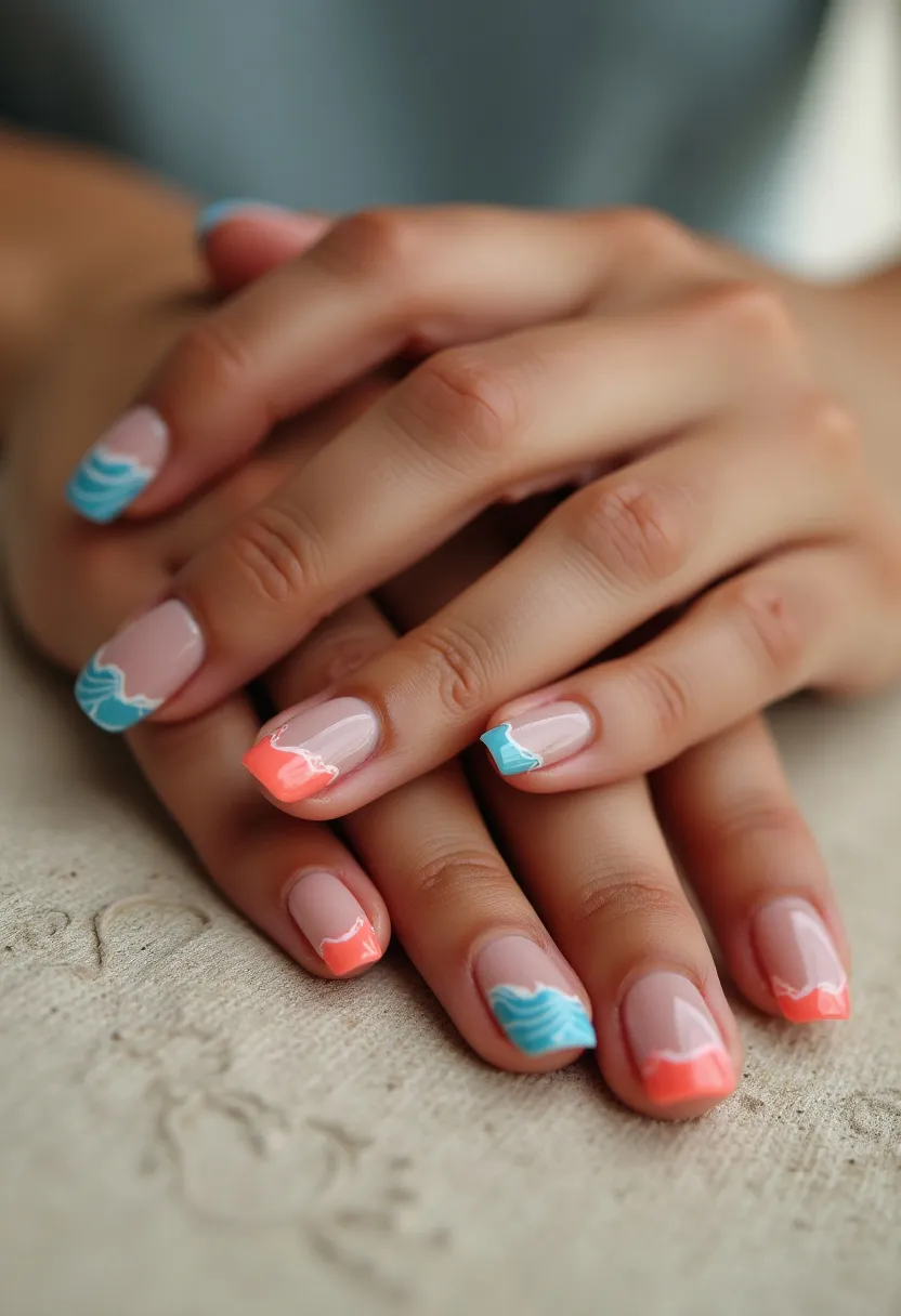 The nail design features a vibrant color palette of coral and turquoise, creating a striking contrast that suggests a summery, beach-inspired theme. The nails are shaped into a neatly manicured square form, offering a clean and modern look. Each nail has a French tip design with wavy, intricate patterns, alternating between coral on some nails and turquoise on others. The patterns resemble gentle ocean waves, enhancing the seaside aesthetic. The nails appear to have a gel treatment, providing a smooth and glossy finish that enhances the bright colors and intricate designs. The overall look is playful and chic, ideal for a relaxed summer vacation or a beach party.