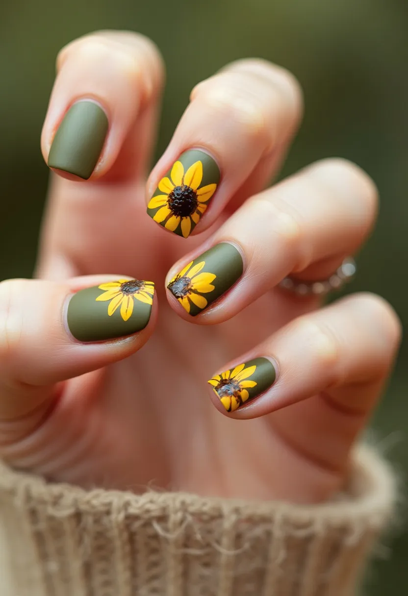 The nail design features a harmonious color palette of earthy olive green as the base color. The nails are medium-length and sport a neat, squared shape. Decorative elements include detailed sunflower patterns on the ring finger, thumb, and index finger, exhibiting bright yellow petals and a dark brown center. The flower designs are meticulously painted, showcasing a realistic and vibrant appearance. The nails have a matte finish, which is indicative of a possible gel or acrylic treatment. This design evokes an autumnal theme, capturing the essence of nature and the season's beauty, making it suitable for fall or nature-inspired events.