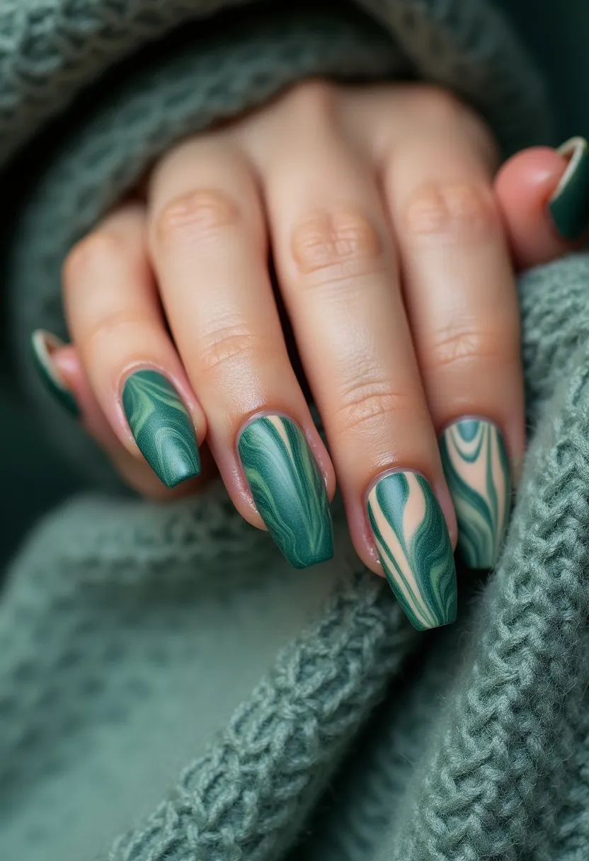 The nail design features a striking green color palette with swirling patterns in various shades of green and creamy white, creating a marbled effect. The nails are shaped into long squares, providing a modern and edgy look. The intricate marbling pattern is achieved with what appears to be a smooth gel finish, offering a glossy and durable surface. This artistic manicure gives off a nature-inspired or forest vibe, making it suitable for the fall season or any special occasion where an elegant yet bold statement is desired.