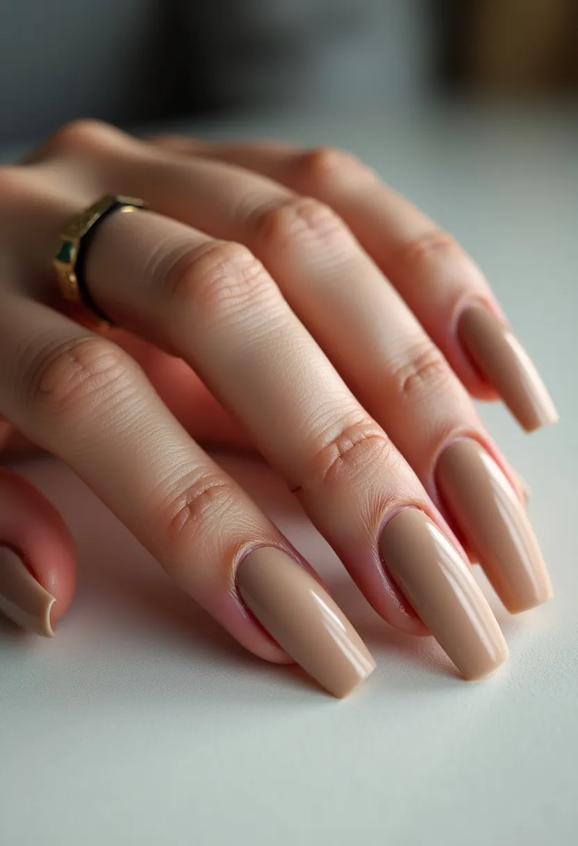 The nail design features a uniform, monochromatic color palette of a soft, nude beige, lending a sophisticated and elegant look. The nails are shaped in a long, square style, emphasizing a bold and modern aesthetic. The surface of the nails is smooth and glossy, indicative of a gel treatment that provides a polished finish and durability. There are no additional intricate patterns, decorations, or embellishments, keeping the design sleek and understated. The neutral tone and classic shape make this design versatile, suitable for both everyday wear and special occasions.