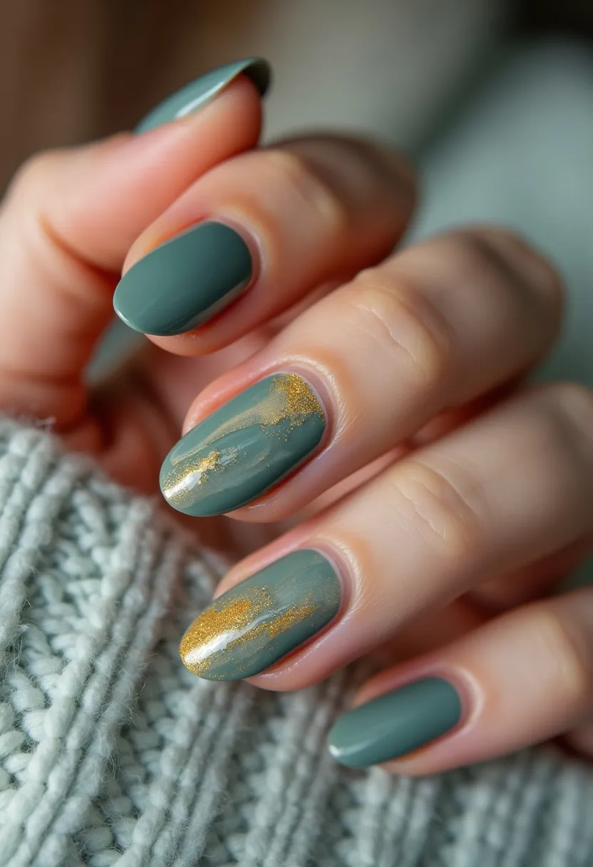 The nail design features a soothing green color palette with a matte finish, complemented by a subtle, elegant touch of gold foil accents. The nails are shaped in a soft almond style, providing a natural yet sophisticated look. The intricate patterns of gold foil are artfully placed on the thumb and ring finger, creating a striking contrast against the green base. This design appears to be achieved with a high-quality gel treatment, ensuring a glossy and durable finish. The combination of green and gold elements evokes a sense of seasonal transition, perhaps hinting at a fall or holiday theme, making it suitable for special occasions or festive gatherings.