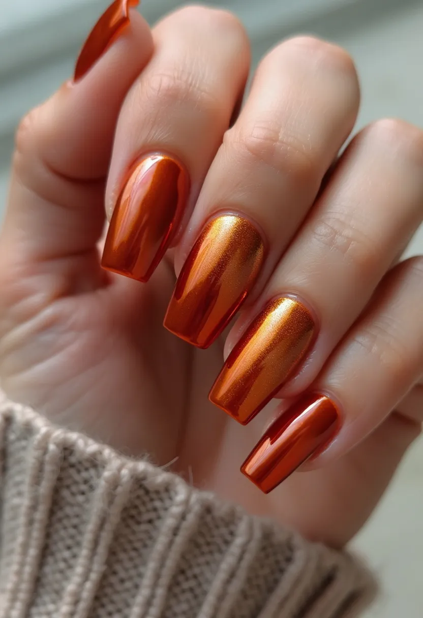 The nail design features a rich, metallic orange color palette that creates a vibrant and striking effect, suitable for autumn or festive occasions. The nails are shaped in a coffin style, characterized by their straight, squared-off tips. The color appears to be a reflective and glossy finish, indicative of a gel or shellac treatment, which enhances the nails' durability and shine. There are no additional intricate patterns or decorations, allowing the bold metallic hue to be the focal point of the design. The overall look is sleek and polished, emphasizing a modern and fashionable aesthetic.