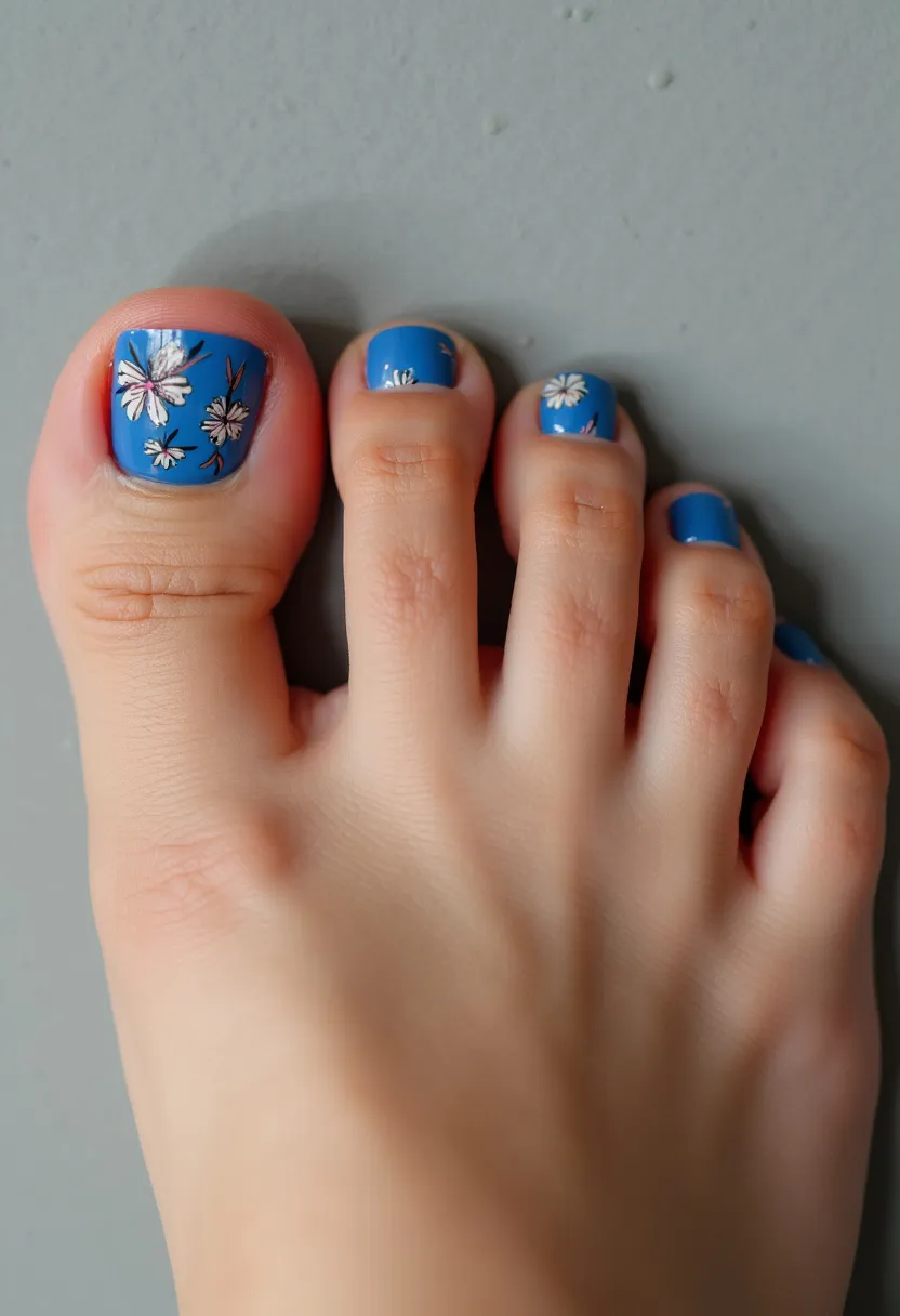 The nail design features a cohesive color palette of rich, medium blue on short, well-manicured toenails. The nails are adorned with intricate white floral patterns, adding an elegant and delicate touch to the overall design. The white flowers are finely detailed with hints of pink and green, suggesting a careful, meticulous hand-painted style. This design seems well-suited for a cheerful, seasonal theme, likely pointing towards spring or summer due to the vibrant color and floral motifs. The smooth and polished finish suggests the use of a gel nail treatment, ensuring both durability and a glossy sheen. The combination of bright hues and floral accents makes this nail design both stylish and seasonally appropriate, perfect for a warm-weather event or everyday wear.
