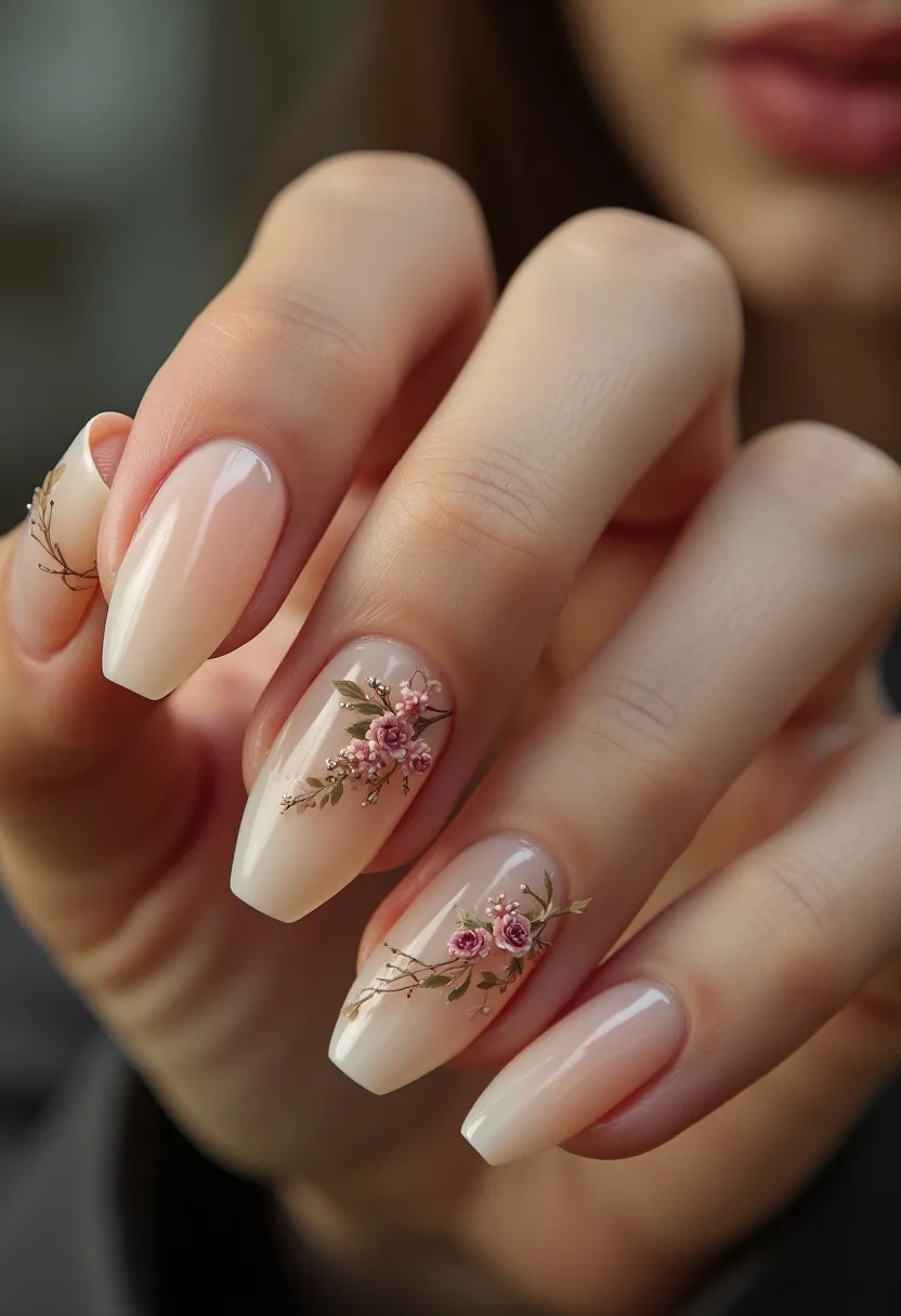 The nail design features a delicate and elegant look, with nails painted in a soft, creamy nude color, giving them a refined and understated appearance. The nails are shaped in a medium-length almond shape, enhancing their sophisticated look. Intricate floral designs adorn each nail, showcasing small, detailed pink roses with green leafy accents, possibly applied as decals or hand-painted for a personalized touch. The use of either gel or acrylic treatment gives a glossy finish, highlighting the artwork and adding durability. The floral motif and pastel tones suggest a seasonal theme appropriate for spring or special occasions such as weddings, offering a whimsical and romantic feel to the overall design.