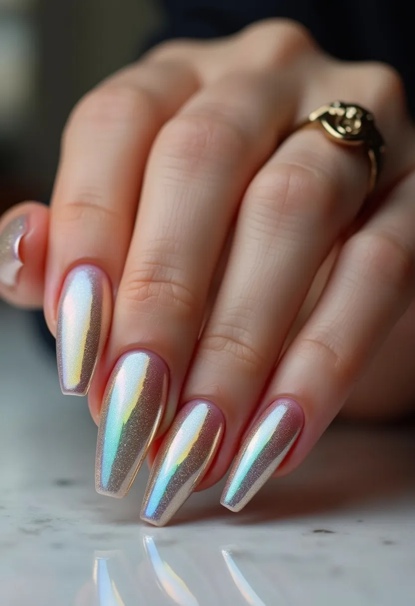 The nail design displays a stunning holographic finish that features a shimmery, iridescent color palette shifting between silver, gold, and subtle rainbow hues. The nails are shaped into an almond form, which provides an elegant and elongated appearance. The treatment used appears to be gel, as indicated by the highly glossy and smooth surface. Unique details include the light-reflecting, prismatic effect that gives the nails a dynamic and eye-catching quality, suitable for festive or celebratory occasions. The overall look contributes to a modern, futuristic aesthetic, making it perfect for special events or fashionable outings.