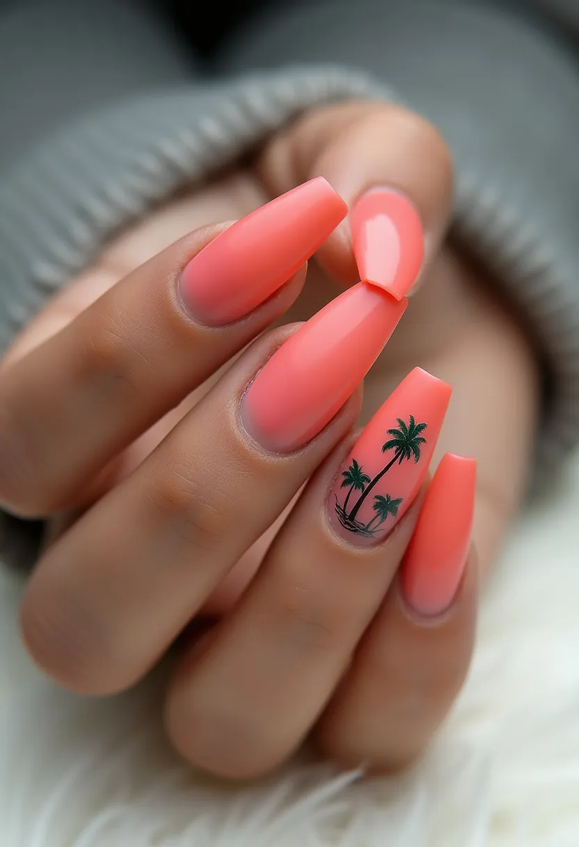 The nail design showcases a vibrant coral-pink color palette, reflecting a summery and tropical theme. The nails are shaped in a long, coffin style, which accentuates the elegant length and even surfaces. One nail features intricate black palm tree silhouettes, further reinforcing the tropical aesthetic. The high gloss finish, likely achieved through a gel or shellac treatment, provides a polished and durable look. This design, with its bright color and thematic decoration, makes it well-suited for summer or a beach vacation setting, adding a touch of playfulness to the overall appearance.