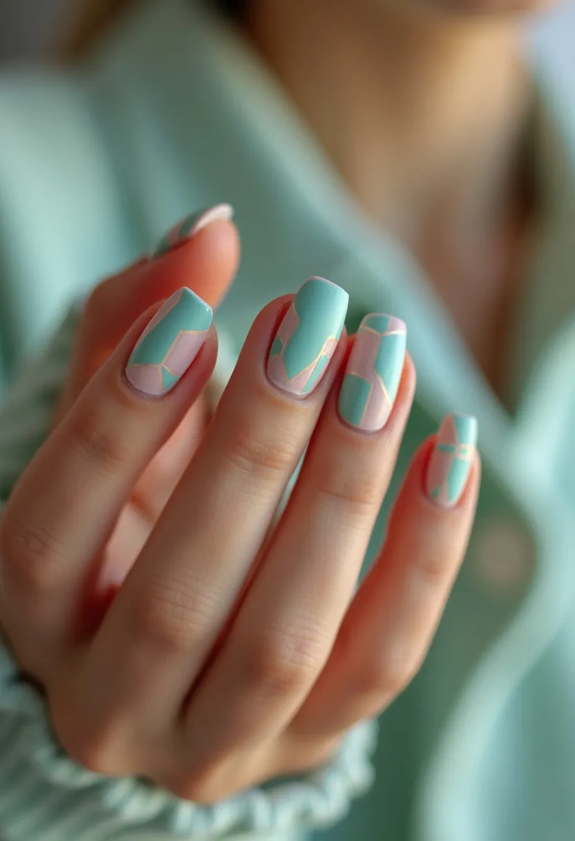 The nails feature a chic geometric design, predominantly employing a pastel color palette with shades of mint green and soft pink. Each nail is shaped into a modern, medium-length square form, complementing the contemporary aesthetic of the design. The intricate patterns on the nails are highlighted with fine gold lines, creating a sophisticated mosaic effect. This elaborate art suggests the use of a gel or acrylic nail treatment, ensuring durability and precision. The design exudes a fresh, spring-like vibe, making it an elegant choice for seasonal festivities or casual yet stylish occasions.