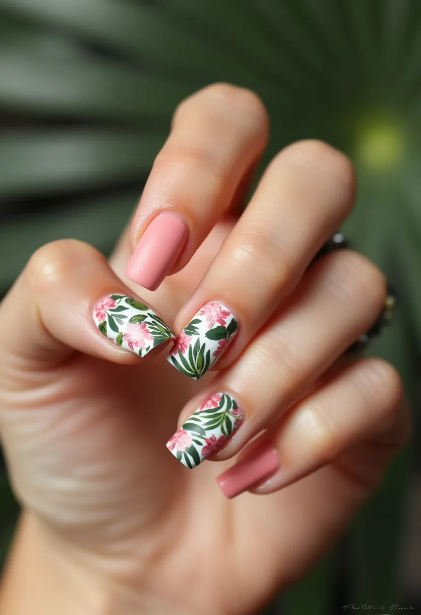 The nail design features a color palette of soft pink and white with green highlights. The nails are medium-length and shaped in a squared-off style. The thumb, middle, and ring fingers display an intricate floral pattern with pink flowers and green leaves set against a white background, making it perfect for a spring or summer theme. The index and pinky fingers are painted in a solid, glossy soft pink. This nail design likely employs gel or acrylic treatment, given the smooth, glossy finish and durability typically associated with these methods. The floral design adds a delicate and feminine touch, suitable for a bridal shower or garden party.