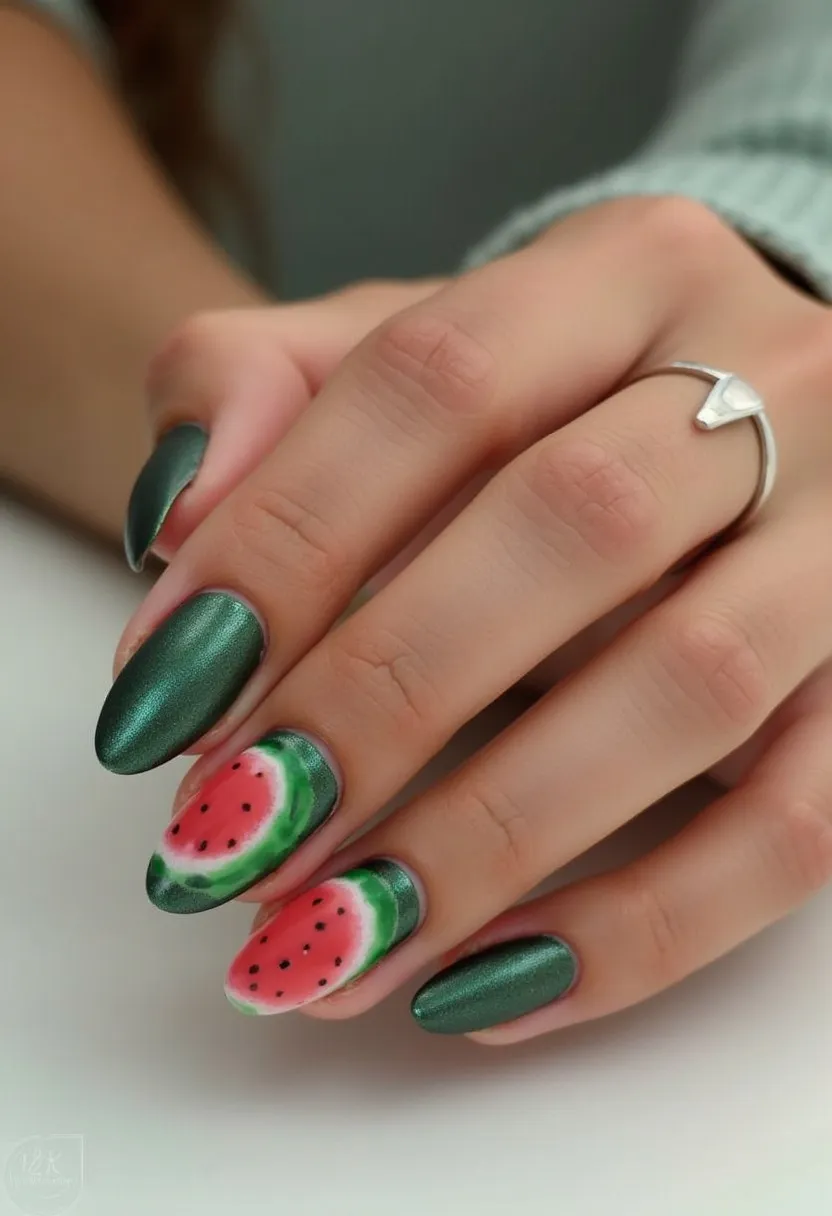 The nail design showcases a vibrant, summery theme with a focus on a watermelon motif. The primary color palette includes a shimmering, metallic green used on the thumb, pinky, and index fingers, while the middle and ring fingers feature an intricate and detailed watermelon design. Each watermelon is artistically painted, displaying a gradient from deep green rind to juicy pink flesh with tiny black seeds to represent the fruit’s texture. The nails are medium in length with an almond shape, providing an elegant canvas for the artwork. This design likely utilizes gel polish to achieve the glossy, smooth finish and to allow for detailed artwork. The playful and fresh aesthetic of the watermelon design makes it perfect for a summery occasion or to add a fun twist to everyday wear.