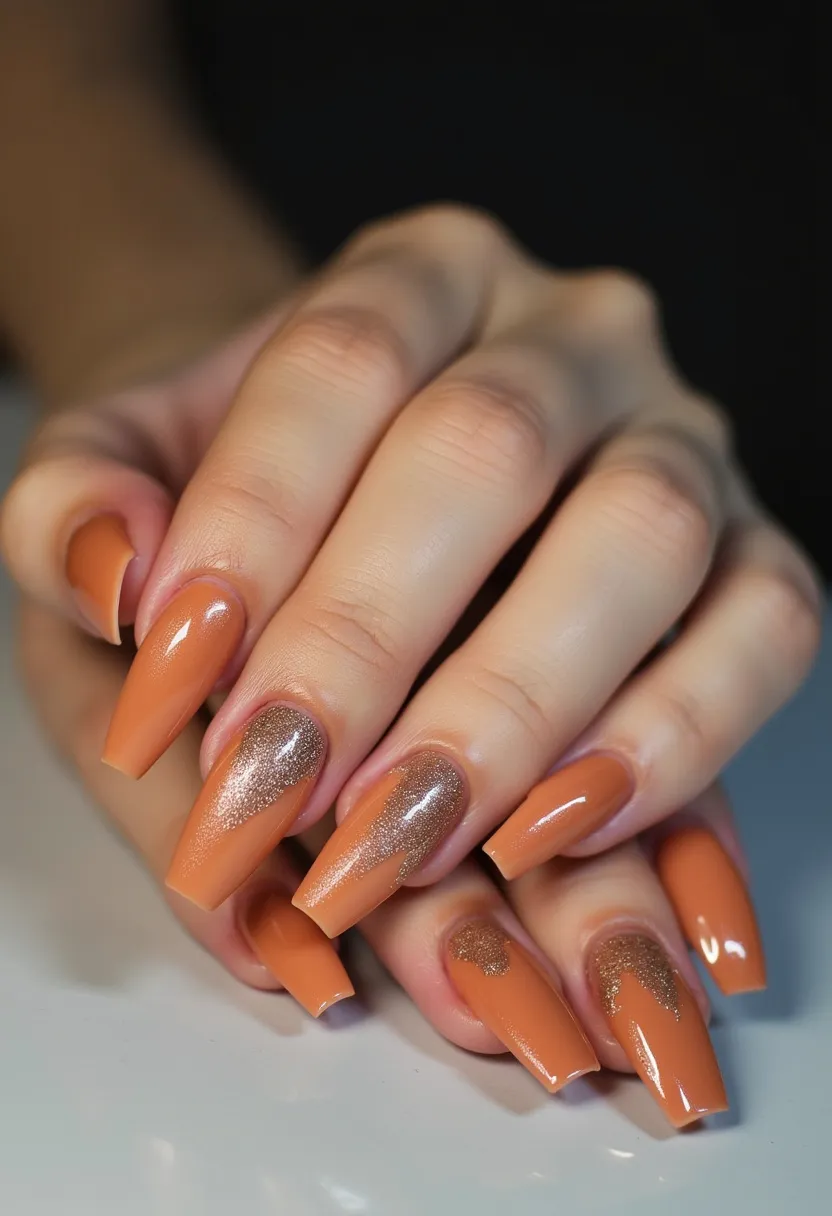 The nail design showcased in the image features a warm autumn-inspired color palette dominated by a burnt orange base color paired with glittery gold accents. The nails are in a coffin shape, providing a modern and sophisticated look. The design includes intricate patterns, with some nails featuring a gradient-like effect where the glittery gold transitions seamlessly from the base towards the tip, adding a touch of elegance and flair. The nails appear to be treated with gel polish, as evidenced by their high-gloss finish and smooth texture. The combination of burnt orange and gold glitter, along with the bold coffin shape, suggests a design suitable for the fall season or a festive occasion, celebrating the warm tones of the changing leaves and the sparkling essence of the transitional season.