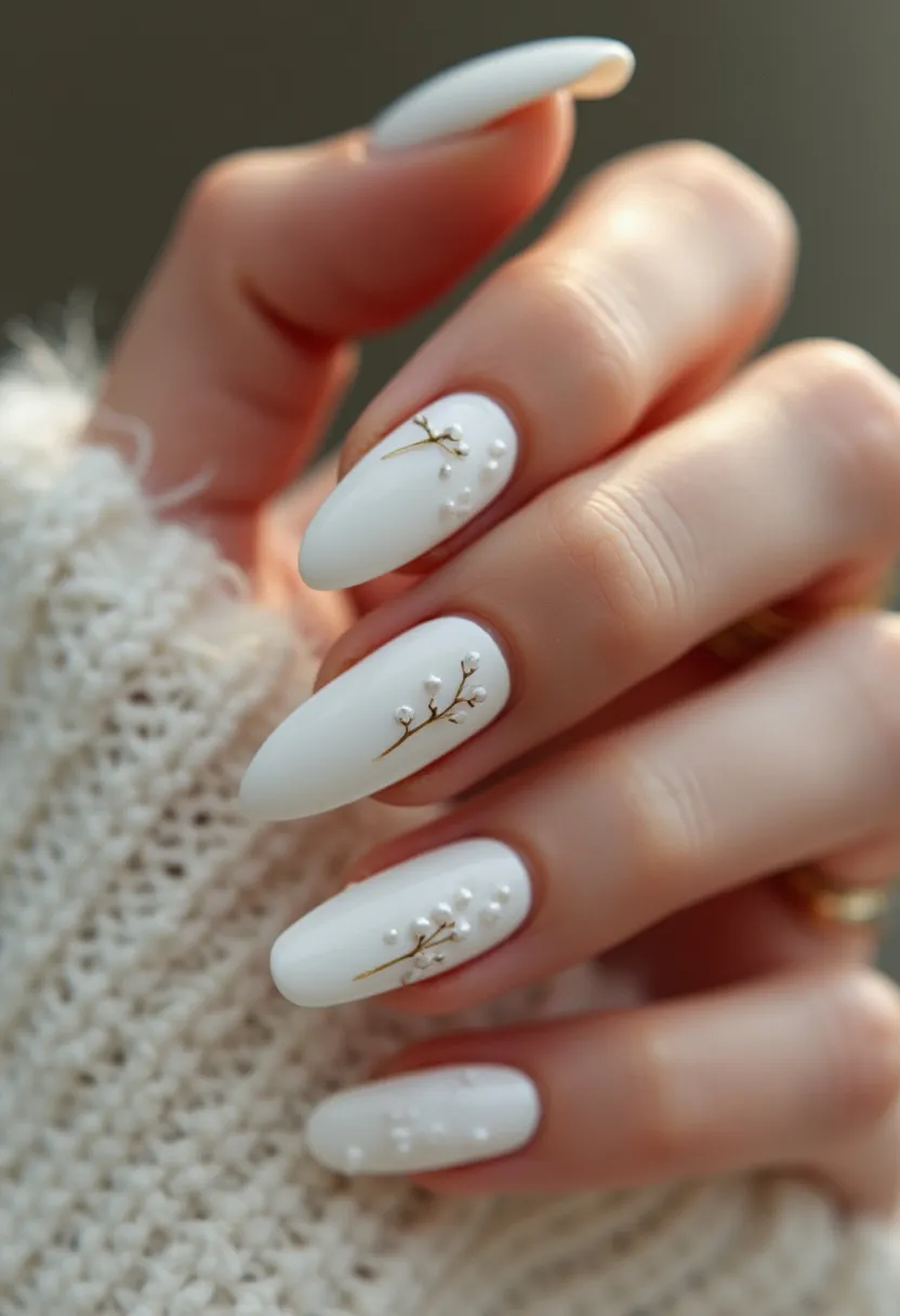 The nail design features an elegant white color palette, showcasing a sophisticated and clean aesthetic. The nails are shaped in a sleek almond style, adding a refined and elongated appearance. Delicate gold branch patterns adorn each nail, with tiny, pearl-like embellishments enhancing the design, creating a subtle yet eye-catching effect. This manicure likely uses gel or acrylic for durability and a smooth finish. The intricate details and luxurious accents make this design suitable for special occasions or winter-themed events, offering a touch of elegance and festive charm.