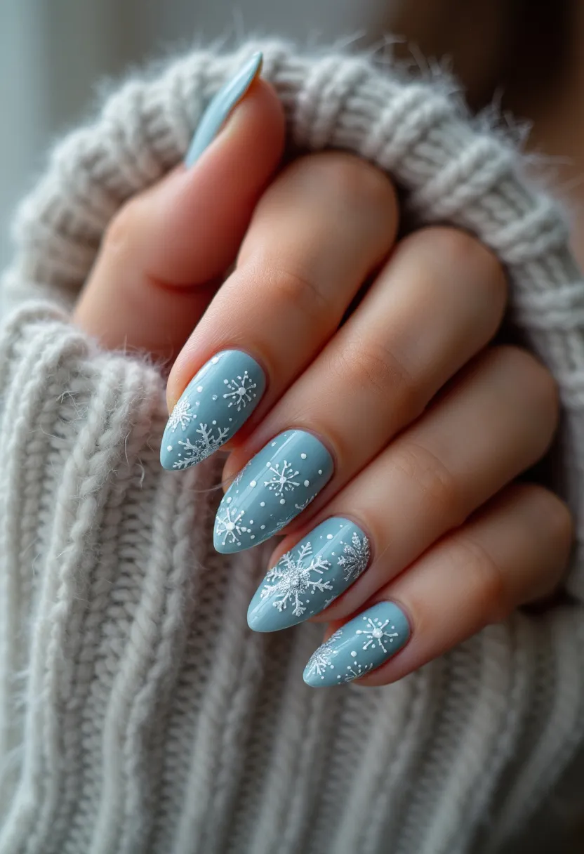 The nail design features a color palette that emphasizes a soft, pastel blue base, perfectly complementing the wintry theme. The nails are shaped in a smooth and elegant almond form, which gives a refined and elongated appearance. The intricate patterns on each nail consist of delicate white snowflakes and small dots, enhancing the seasonal aesthetic with a festive, holiday charm. This design likely uses a gel treatment, ensuring a glossy, long-lasting finish. The combination of colors and motifs suggests a winter or holiday theme, perfect for celebrating the cold season with a stylish touch.