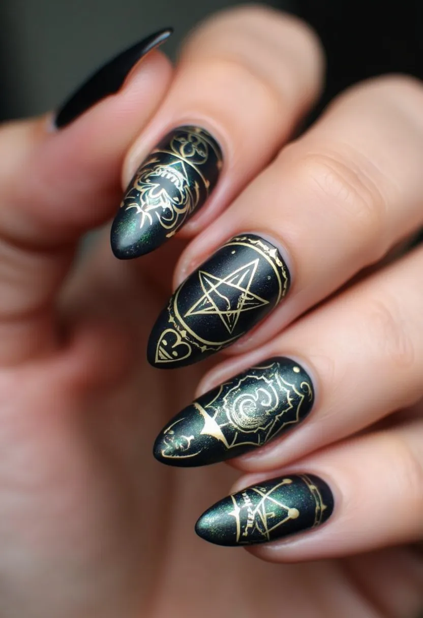 The nail design features a striking palette of black and gold, where the black serves as a sleek, matte base and the gold is used for intricate, finely detailed patterns. The nails are shaped into stiletto tips, adding a bold and edgy look. The gold patterns include a variety of mystical symbols and geometric shapes, such as stars, hearts, and ornate swirls, evoking an enigmatic and possibly esoteric theme. This design appears to use gel nail treatment due to its smooth and glossy finish that suggests durability. The overall aesthetic hints at an occasion or theme like Halloween or a magical event, making it both unique and eye-catching.