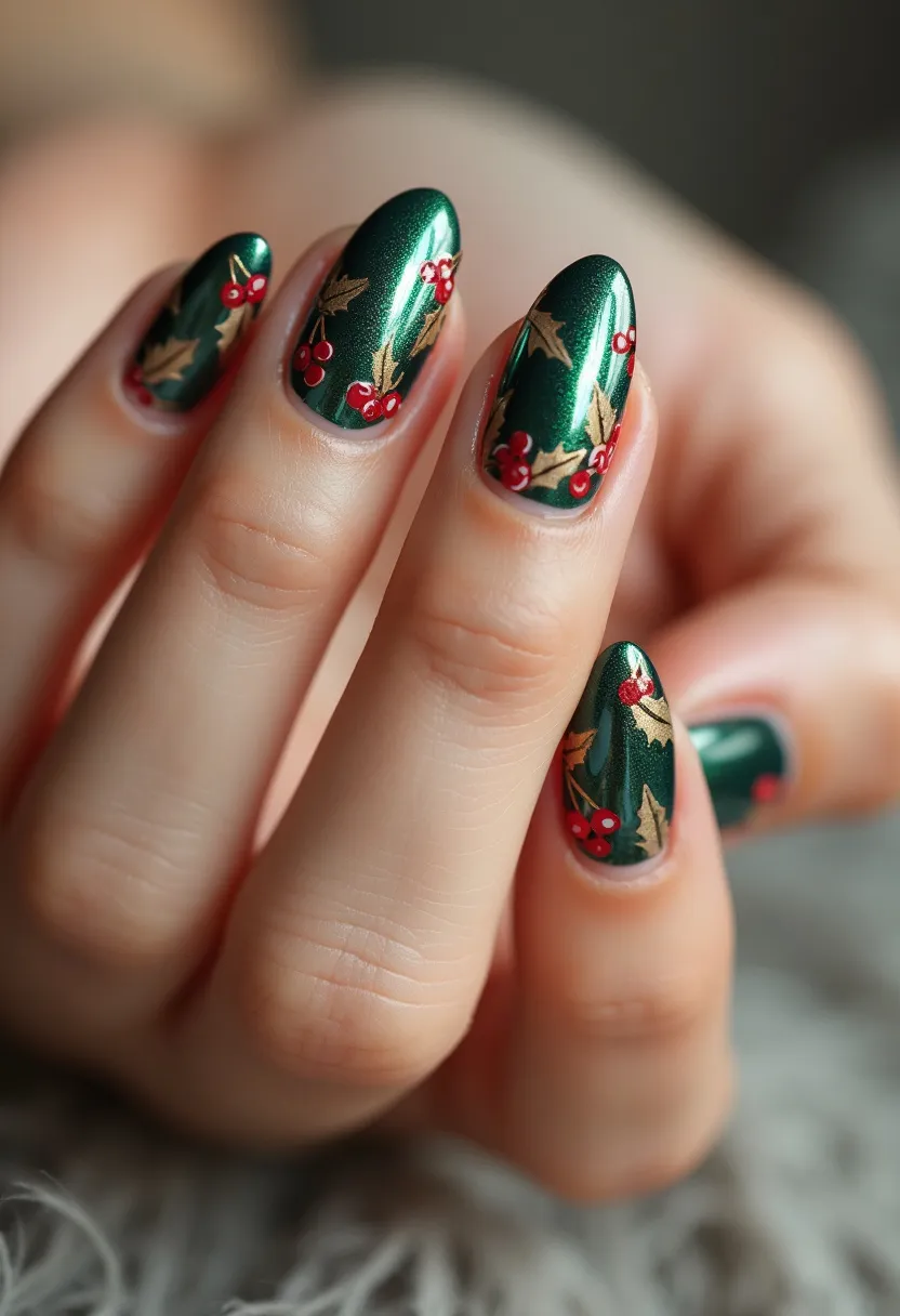 The nail design features a festive color palette primarily consisting of deep, shimmering green as the base color, accented with intricate holly leaf patterns in muted gold and bright red berry decorations. The nails are almond-shaped and appear to have a glossy, reflective finish, suggesting a gel or shellac treatment. This design incorporates finely detailed holiday-themed elements, making it ideal for the Christmas season. The red berries and golden leaves are carefully placed to create a cohesive and festive look, enhancing the holiday spirit with a touch of sophistication and elegance.