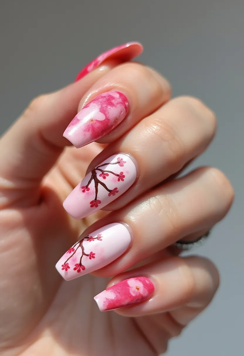 This nail design features a delicate and feminine color palette of pink shades, including both soft pastel and more vibrant hues. The nails are long and maintain a coffin shape, which provides a stylish and modern look. The intricate patterns include beautifully hand-painted cherry blossom branches with small pink flowers on a gradient pink and white background, exuding a springtime or seasonal theme. The technique used appears to be a gel treatment, given the smooth and glossy finish that enhances the art's detail and longevity. The mix of floral design and subtle color blending creates an elegant and refined nail aesthetic, ideal for special occasions such as spring festivals or weddings.