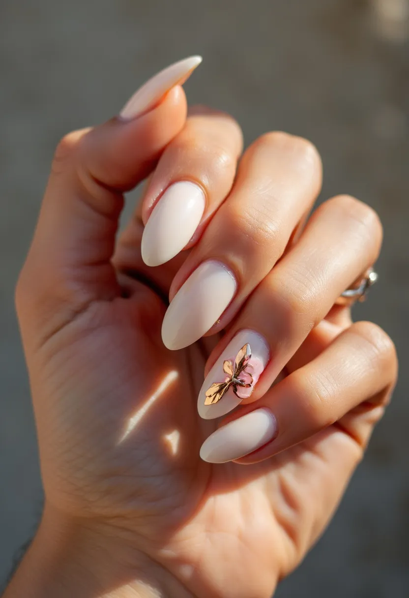 The nail design features a soft, elegant color palette predominantly consisting of a creamy, off-white hue. The nails are shaped into a pointed almond style, giving a sophisticated and elongated look. The highlight of this manicure is the intricate decoration on one nail, which includes a detailed, gold metallic butterfly accent. This 3D embellishment adds a touch of glamour and charm to the overall appearance. The smooth, high-gloss finish of the nails suggests a gel or acrylic treatment, ensuring durability and a polished look. This nail design is perfectly suited for a special occasion or a festive event, exuding a luxurious and refined vibe.