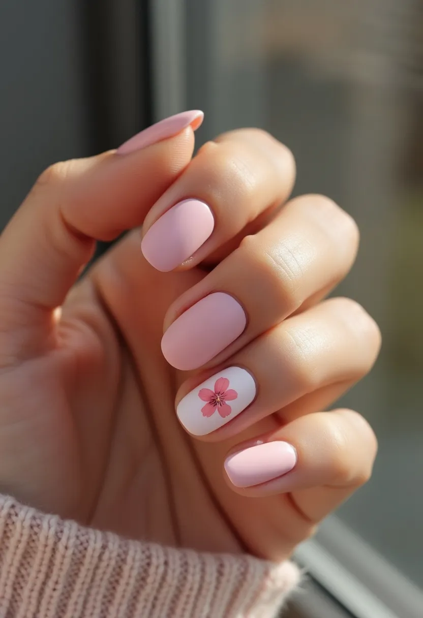 This nail design features a soft and elegant color palette with pastel pink as the primary shade, complemented by a white accent nail. The nails are shaped in a medium-length oval, offering a classic and feminine look. The standout feature is the intricate floral decoration on the accent nail, which includes a detailed pink flower with a small, golden center, adding a charming touch. Given the smooth and glossy finish, it is likely that a gel polish treatment was used. This design exudes a springtime theme, making it suitable for the season or special occasions such as weddings or garden parties.