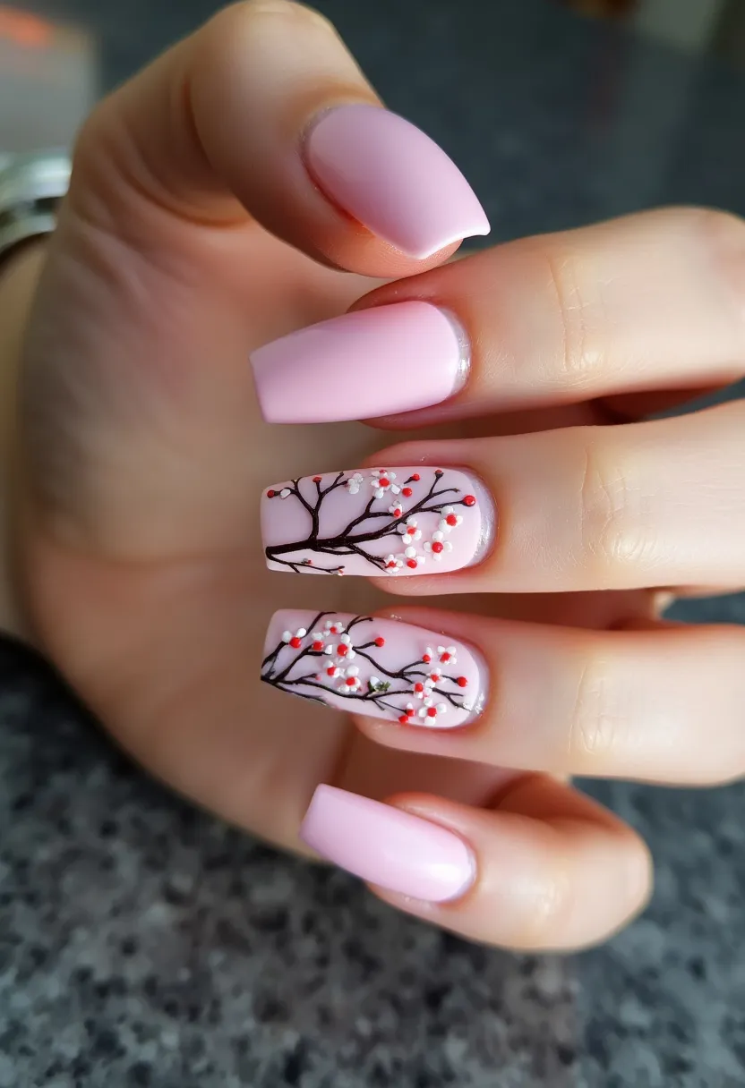 The nail design features a delicate and feminine color palette dominated by a soft pastel pink hue. The nails are shaped in a long coffin style, providing a sophisticated and elegant look. Two of the nails showcase intricate hand-painted floral branch patterns, incorporating small white and red blossoms that add a touch of intricate beauty and artistry. The type of nail treatment appears to be gel, providing a smooth and glossy finish that enhances the overall appearance. This design has a serene and gentle vibe, making it suitable for spring or special occasions where a delicate and detailed aesthetic is desired.