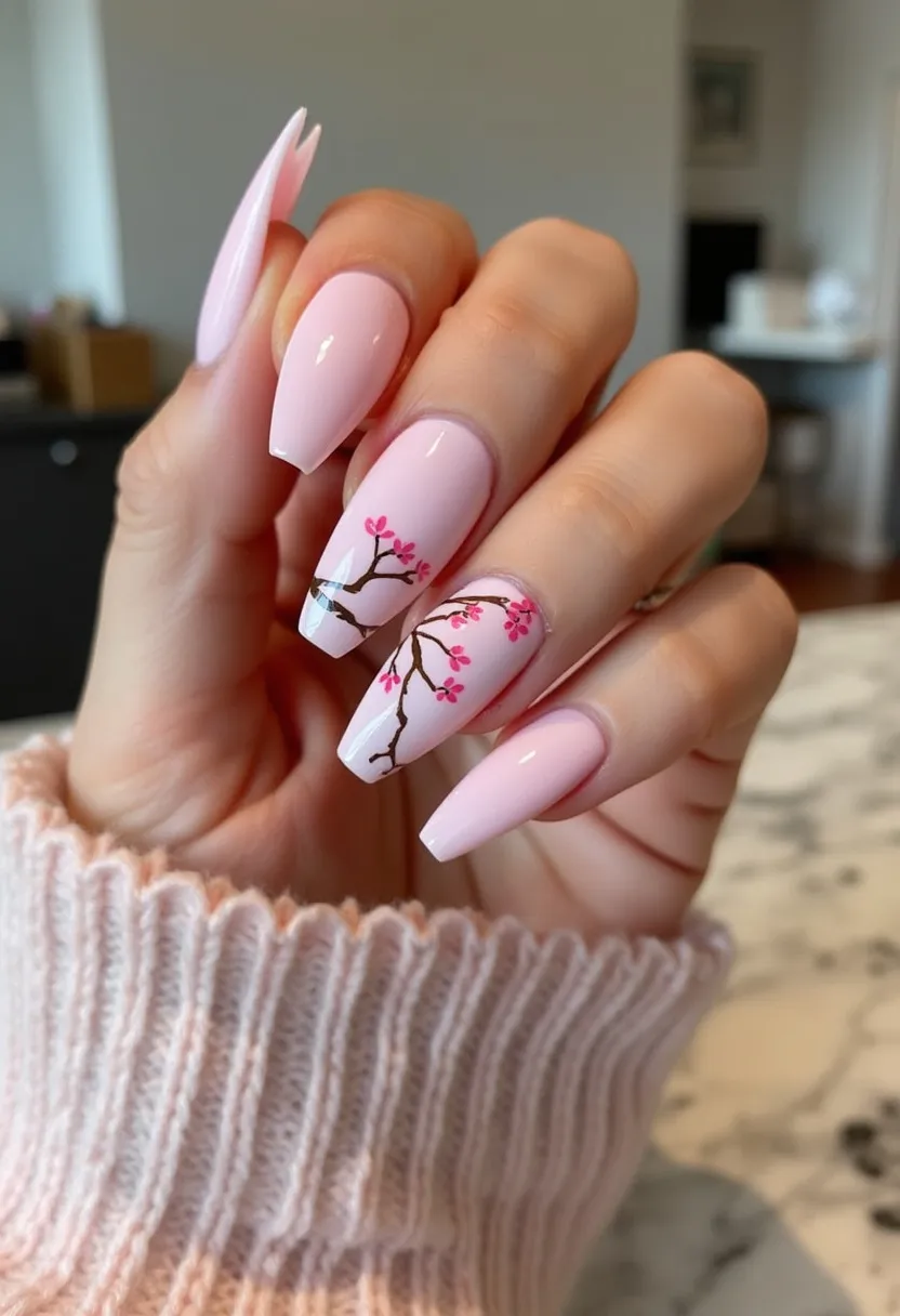 The nail design features a delicate and feminine aesthetic with a primary color palette of soft pastel pink. The nails are long and coffin-shaped, enhancing the elegance of the overall look. Two of the nails are adorned with intricate, hand-painted cherry blossom tree branches, showcasing small, pink blossoms and brown branches, adding a touch of nature-inspired artistry. The blossoms signify the beauty and renewal of spring, suggesting a seasonal theme. These nails have a glossy finish, indicating a likely gel or shellac treatment, which enhances their durability and shine. A silver horizontal line detail on one of the floral nails adds a subtle but unique accent, elevating the design. The soft, muted tones and floral elements make this nail design perfect for spring or special occasions like weddings or garden parties.