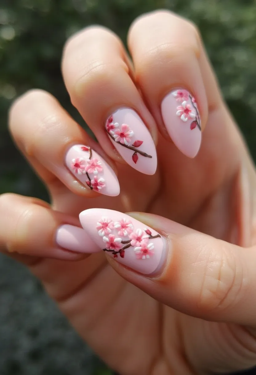 The nail design showcases a delicate and elegant spring theme with a soft pink color palette. The nails are almond-shaped, providing a refined elongated appearance. Intricate hand-painted cherry blossom flowers, with pink and white petals and brown branches, intricately adorn each nail, providing a detailed and delicate aesthetic. The treatment appears to be gel, allowing for the fine detailing and glossy finish on each nail. Overall, the design is both sophisticated and nature-inspired, making it perfect for a springtime or special occasion celebration.