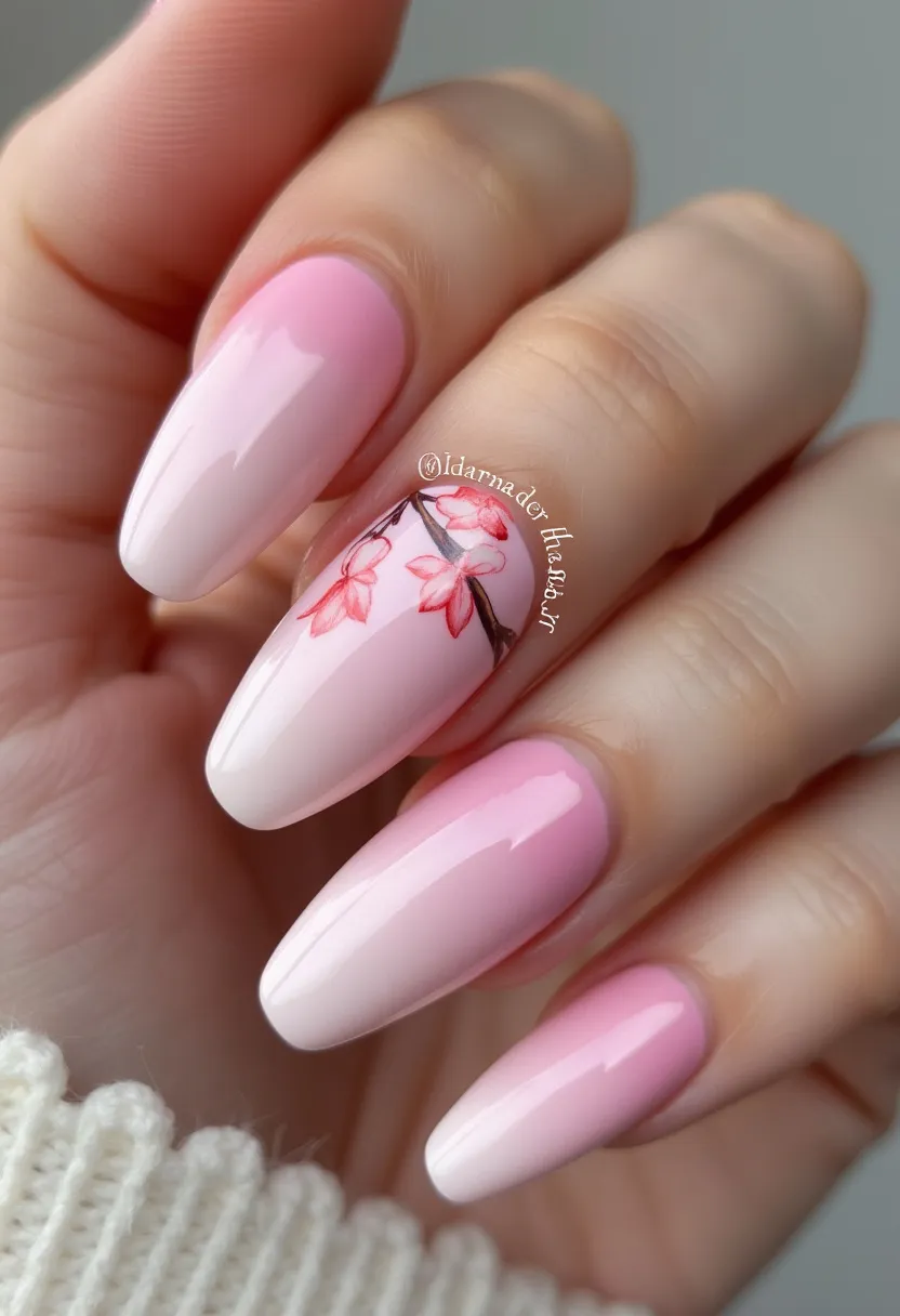 The nail design features a soft and elegant pink color palette, ranging from light blush pink to a slightly darker pink gradient. The nails are almond-shaped, providing a stylish and elongated look. The ring finger showcases an intricate hand-painted design of delicate pink flowers on a thin, dark branch, adding an artistic and feminine touch to the overall look. The nails appear to be treated with gel polish, giving them a glossy and smooth finish. The floral design suggests a spring or romantic theme, making this nail art suitable for seasonal celebrations or special occasions like weddings or garden parties.