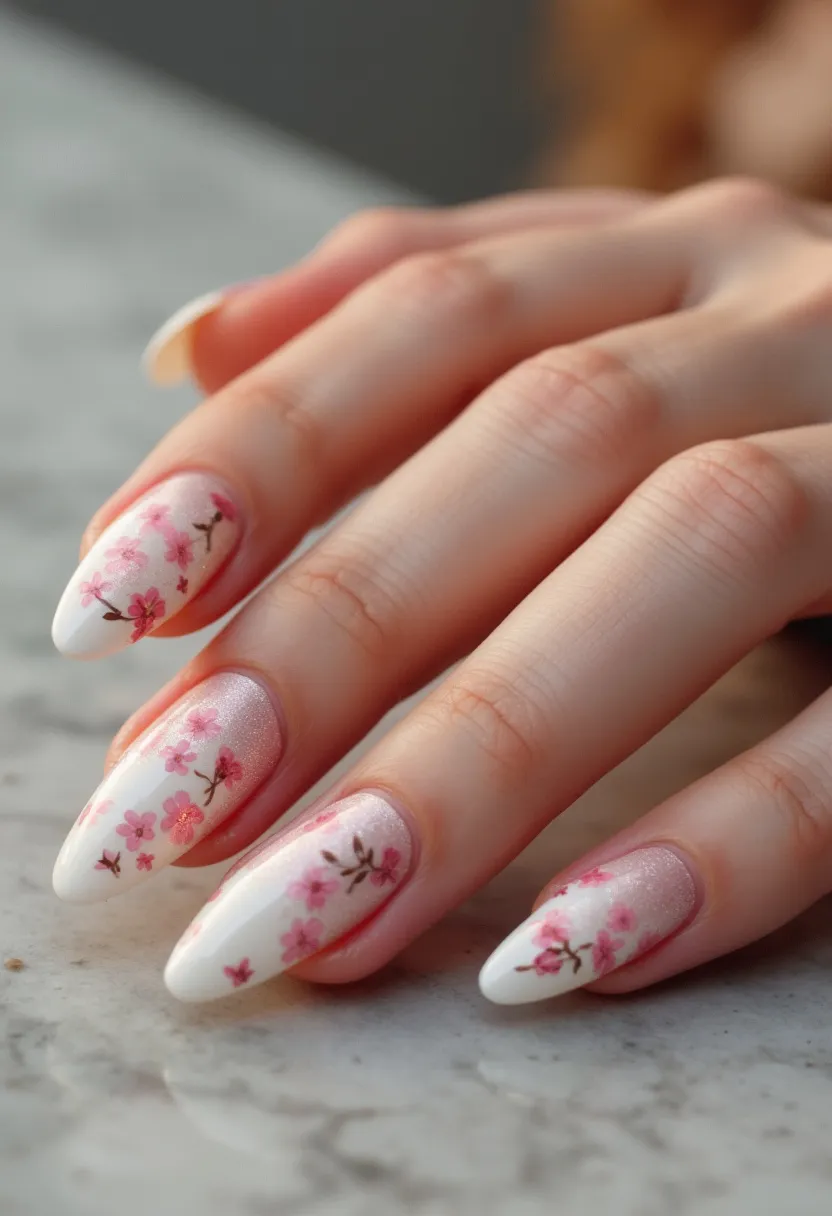 This nail design features a soft, delicate color palette of pink and white, creating a feminine and elegant look. The nails are almond-shaped, providing a sleek and graceful appearance. The design includes intricate floral patterns with pink blossoms and subtle green stems, adding a touch of artistry and sophistication. This pattern can suggest a spring or nature-inspired theme, making it ideal for that season or special occasions such as weddings or garden parties. The nails likely use gel or acrylic treatment, given the smooth finish and the intricate detailing of the floral designs. The overall effect is a harmonious blend of soft hues and detailed artistry, perfect for a refined and stylish look.