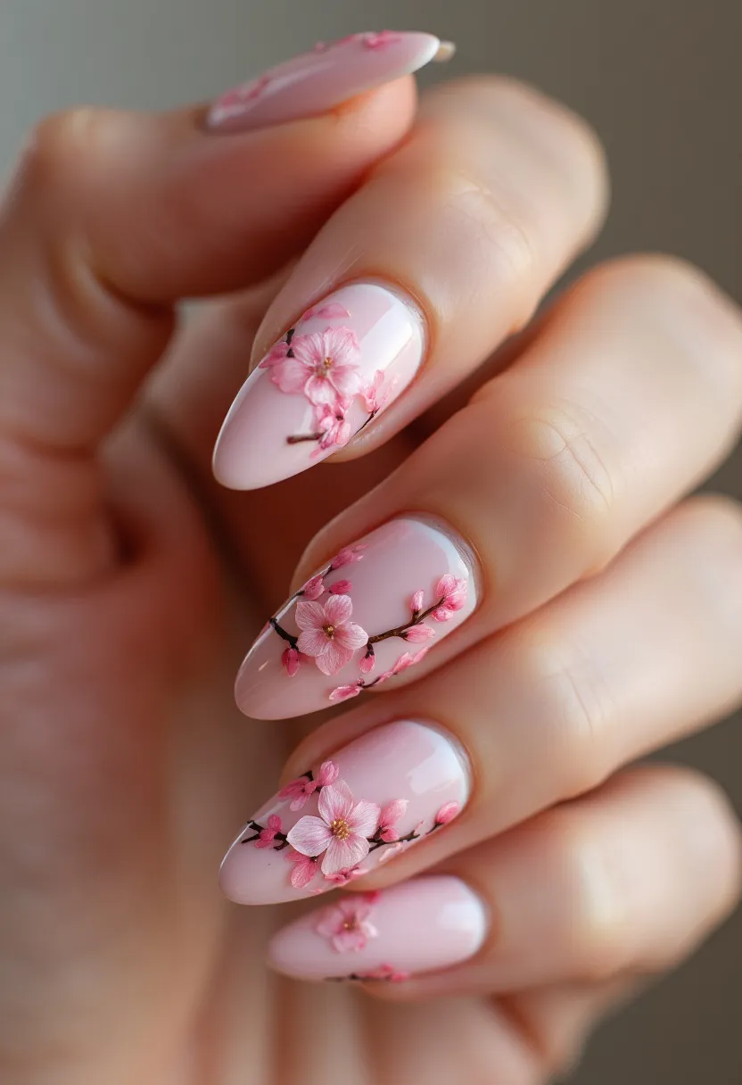 The nail design showcases a beautiful, delicate color palette centered around soft pastels with a prominent use of pale pink as the base color. The nails are almond-shaped, providing a graceful and elongated look to the fingers. An intricate pattern featuring hand-painted pink cherry blossoms with brown branches adorns each nail, adding a touch of elegance and nature-inspired beauty. This particular design likely uses gel nail treatment to achieve the smooth, glossy finish and allow for the detailed floral artwork. The cherry blossoms suggest a seasonal spring theme, which is often associated with renewal, beauty, and the bloom of new flowers, making it perfect for occasions celebrating the arrival of spring.