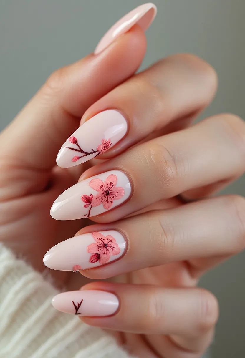 The nail design showcases a soft and elegant color palette with a base of pale pink. The nails are almond-shaped, providing a sophisticated and elongating effect. Intricate hand-painted cherry blossom patterns adorn the nails, featuring delicate pink flowers and brown branches, which adds a touch of springtime charm. The design appears to use gel polish, giving it a glossy and durable finish. The floral details and pastel hues suggest a seasonal theme that aligns well with spring or romantic occasions. This manicure is a beautiful blend of subtlety and artistry, perfect for those aiming for an elegant and feminine look.