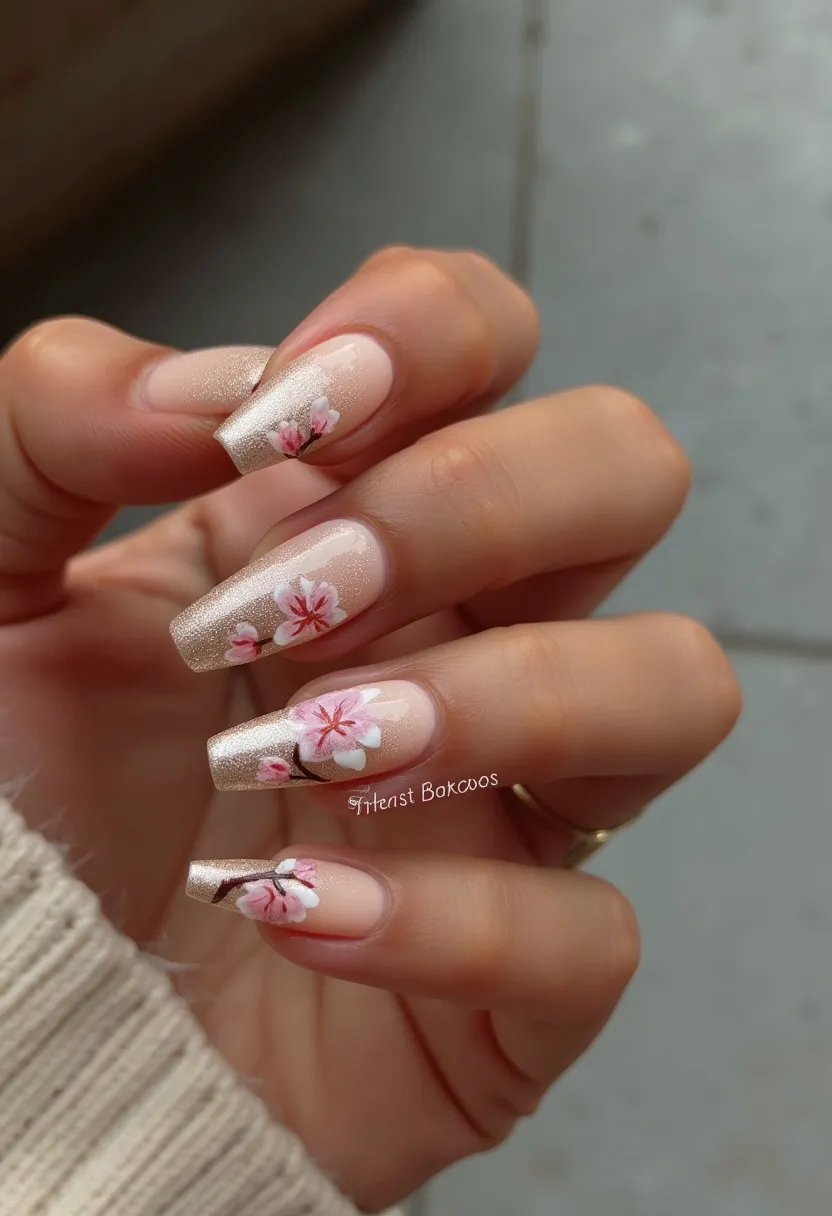 The nail design features a sophisticated color palette dominated by shades of nude and soft blush pink. Each nail sports a coffin shape, elongated with tapered ends. The nails have likely undergone a gel treatment, providing a smooth, glossy finish. Intricate floral patterns are the highlight, with delicate cherry blossom motifs painted in shades of pink and white, accented by fine brown branches. A hint of shimmer is added through a light dusting of glitter on the tips, enhancing the elegant look. This nail art is perfect for spring, evoking a sense of freshness and renewal reminiscent of blooming flowers. The detailing reflects a skilled and patient hand, suitable for both casual and formal occasions.