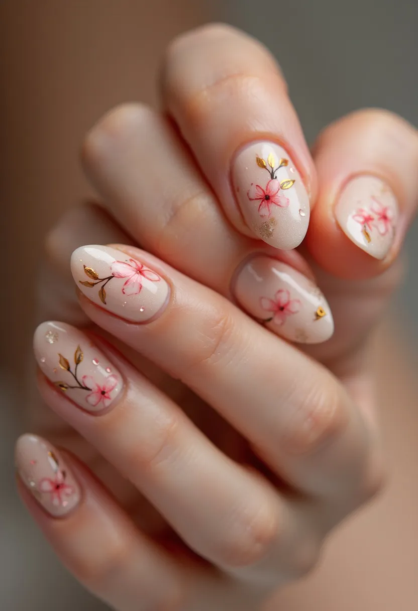 The nail design features a subtle and elegant color palette with a light, neutral base color, likely a soft nude or pastel beige. The nails are almond-shaped, giving a feminine and elongated appearance to the fingers. Delicate floral patterns embellish each nail, showcasing intricate pink blossoms and tiny gold leaves. The decoration is further accentuated with small, sporadic golden flakes that add a touch of sparkle and sophistication, suggesting that the nails may have undergone a gel treatment due to their glossy and smooth finish. The design exudes a celebratory spring or summer theme, making it suitable for seasonal occasions such as weddings, garden parties, or simply to embrace the warmer months with a fresh, floral look.