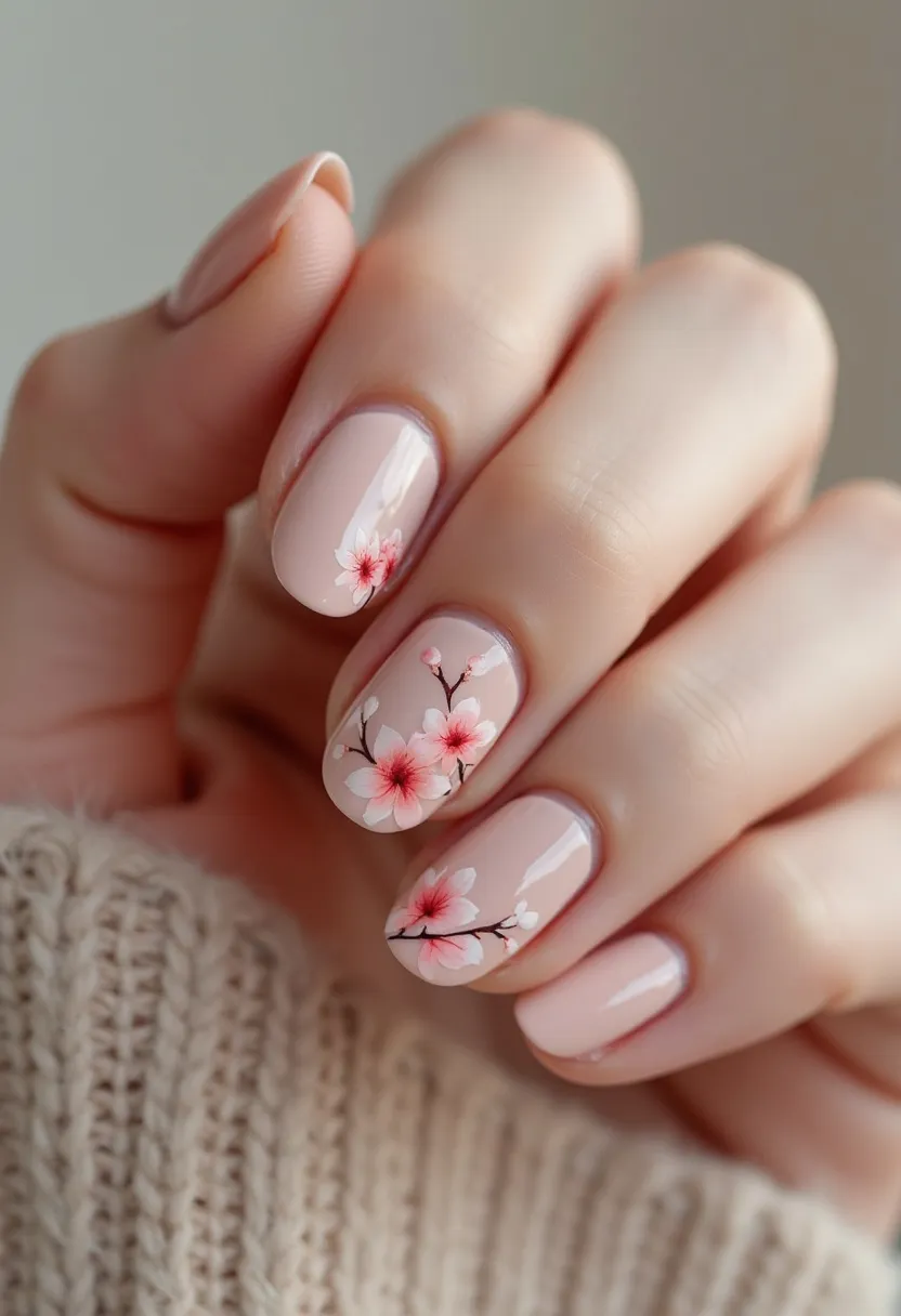 The nail design features a delicate and elegant aesthetic, utilizing a soft pink base color that creates a subtle yet sophisticated look. The nails are shaped in a short, rounded almond style, which enhances the overall elegance of the design. Intricate floral patterns adorn the nails, showcasing cherry blossom motifs in shades of pink and white with fine black detailing for the branches, adding an artistic touch. This design is likely achieved using gel polish, given the high-gloss finish and smooth surface, indicative of long-lasting and durable nail treatment. The floral theme suggests a seasonal inclination towards spring, making it an ideal choice for occasions celebrating renewal and beauty. The meticulous detailing of the blossoms emphasizes the delicate, artistic appeal of this nail design.