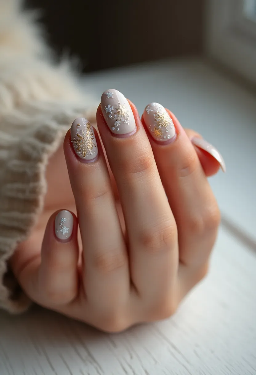 The  nail  design  features  a  white  base  color  with  gold  and  white  star  decals  on  the  nails.  The  nails  are  shaped  in  a  short,  rounded  style.  The  nail  treatment  appears  to  be  a  gel  or  acrylic  application,  as  the  design  is  well-defined  and  the  nails  have  a  smooth,  even  finish.  The  gold  and  white  star  decals  add  a  festive  and  seasonal  touch  to  the  nail  design,  making  it  suitable  for  special  occasions  or  holiday  celebrations.