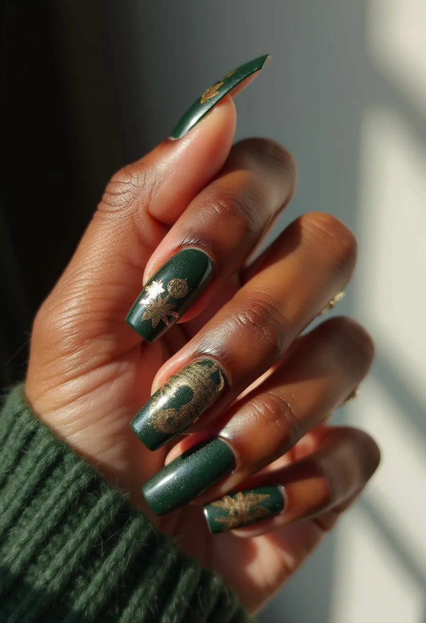 The  nail  design  features  green  nail  polish  with  gold  accents,  giving  it  a  festive  and  elegant  appearance.  The  nails  are  shaped  and  well-groomed,  and  the  nail  polish  is  applied  neatly,  covering  the  entire  nail.  The  nails appear  to  be  a  natural  shape.  The  nail  treatment  appears  to  be  a  gel  or  acrylic,  as  it  is  well-defined  and  has  a  smooth  finish.  A  combination  of  green  and  gold  colors  adds  a  touch  of  sophistication  to  the  overall  look.