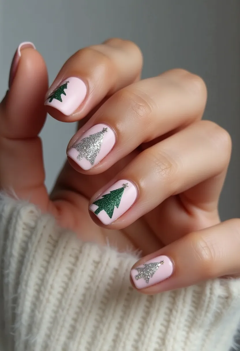 The  nail  design  features  a  pink  base  color  with  green  accents,  and  the  nails  are  shaped  in  a  round  shape.  The  nail  treatment  appears  to  be  a  combination  of  acrylic  and  gel,  as  the  nails  are  painted  with  a  glittery  green  design.  The  design  is  a  Christmas  tree,  which  suggests  that  the  nail  art  is  inspired  by  the  holiday  season.  The  intricate  pattern  and  decoration  make  the  nails  stand  out  and  showcase  a  festive  and  creative  touch.