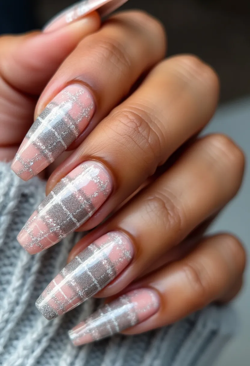 The  nail  design  features  a  checkered  pattern  with  a  pink  and  white  color  palette.  The  nails  are  long  and  have  a  square  shape.  The  nail  treatment  appears  to  be  a  combination  of  acrylic  and  gel,  as  the  nails  are  described  as  both  acrylic  and  gel  nails.  The  intricate  pattern  and  the  checkered  design  make  this  nail  art  unique  and  visually  appealing.