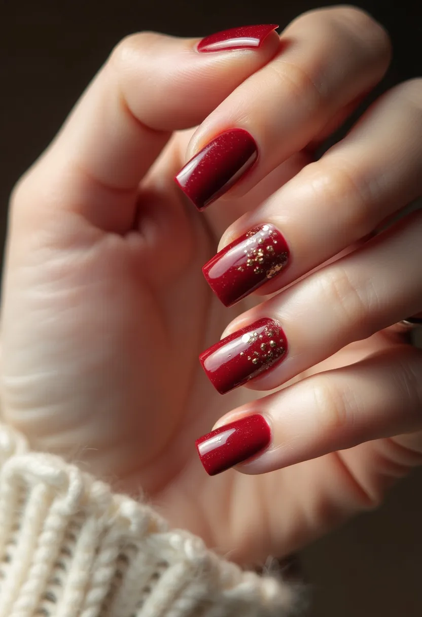 The  nail  design  features  a  red  nail  polish  with  gold  glitter  on  the  tips  of  the  nails.  The  nails  are  shaped  in  a  slightly  rounded  shape,  and  the  glitter  adds  a  touch  of  elegance  and  sophistication  to  the  overall  look.  The  nail  treatment  appears  to  be  a  gel  or  acrylic,  which  provides  a  long-lasting  and  durable  finish.  The  gold  glitter  on  the  tips  of  the  nails  suggests  a  festive  or  special  occasion  theme,  such  as  a  holiday  celebration  or  a  formal  event.