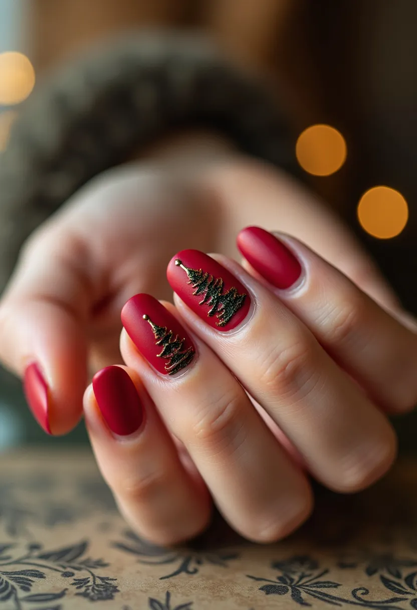 The  nail  design  features  red  nail  polish  with  a  Christmas  tree  pattern.  The  nails  are  shaped  in  a  square  shape,  and  the  nail  polish  is  applied  in  a  gel  form.  The  unique  detail  of  the  design  is  the  Christmas  tree  decoration,  which  adds  a  festive  touch  to  the  overall  look.  The  nails  are  well-maintained  and  showcase  a  creative  and  seasonal  theme.