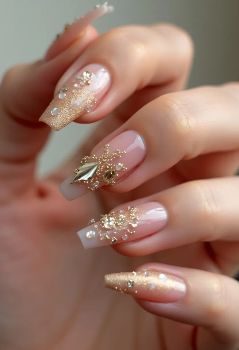 The  nail  design  features  a  pink  nail  color  palette,  with  a  gold  accent  on  the  tips  of  the  nails.  The  nails  are  shaped  in  a  square  shape,  and  they  are  adorned  with  gold  and  white  glitter.  The  nail  treatment  appears  to  be  a  combination  of  gel  and  acrylic,  as  the  glitter  is  applied  on  top  of  the  gel  base.  The  intricate  pattern  and  decoration  give  the  nails  a  unique  and  eye-catching  appearance,  making  them  suitable  for  special  occasions  or  seasonal  themes.